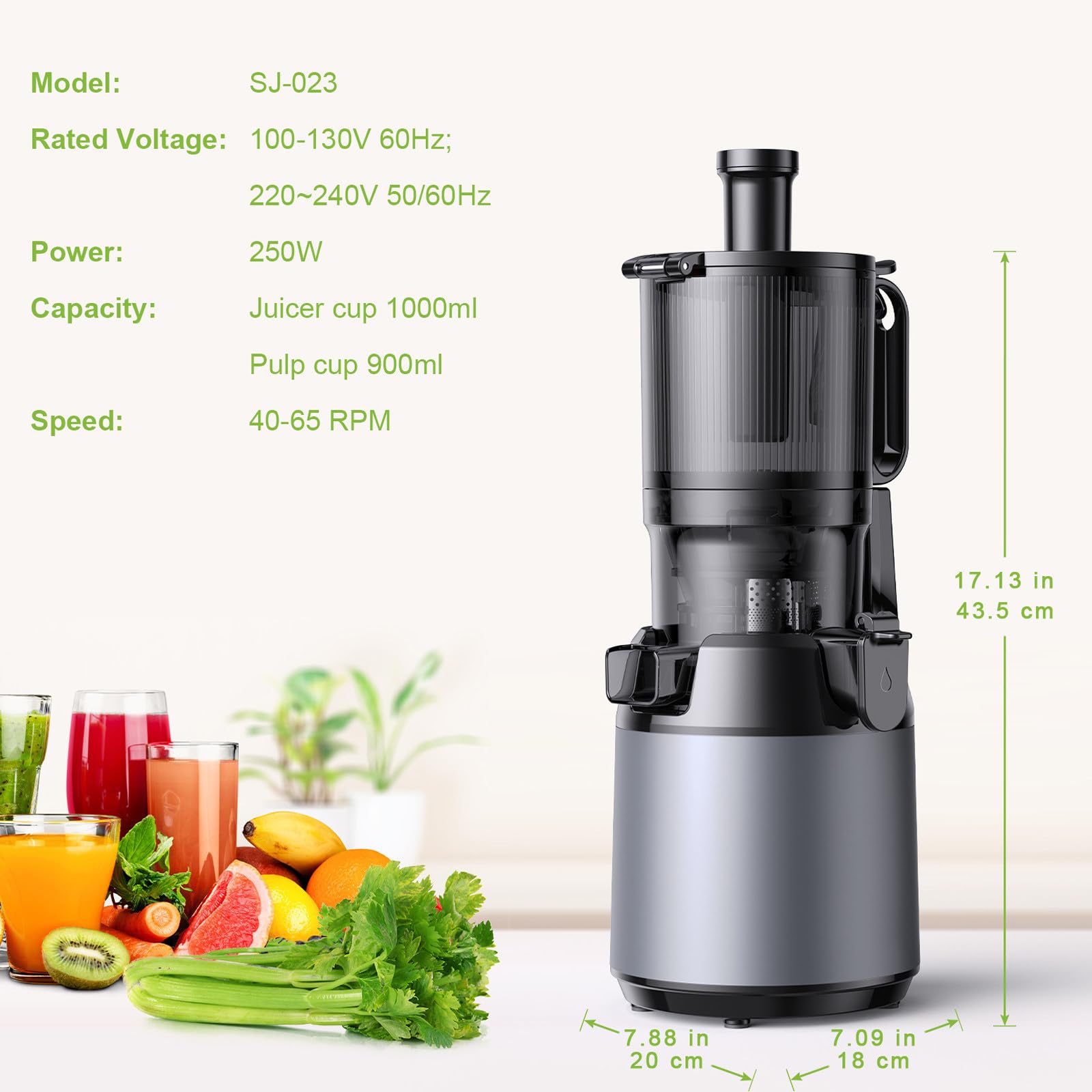 Exprimidor de prensa en frío lento, canal de alimentación de 130 mm de ancho, exprimidor eléctrico lento, para frutas y verduras enteras, fácil de limpiar