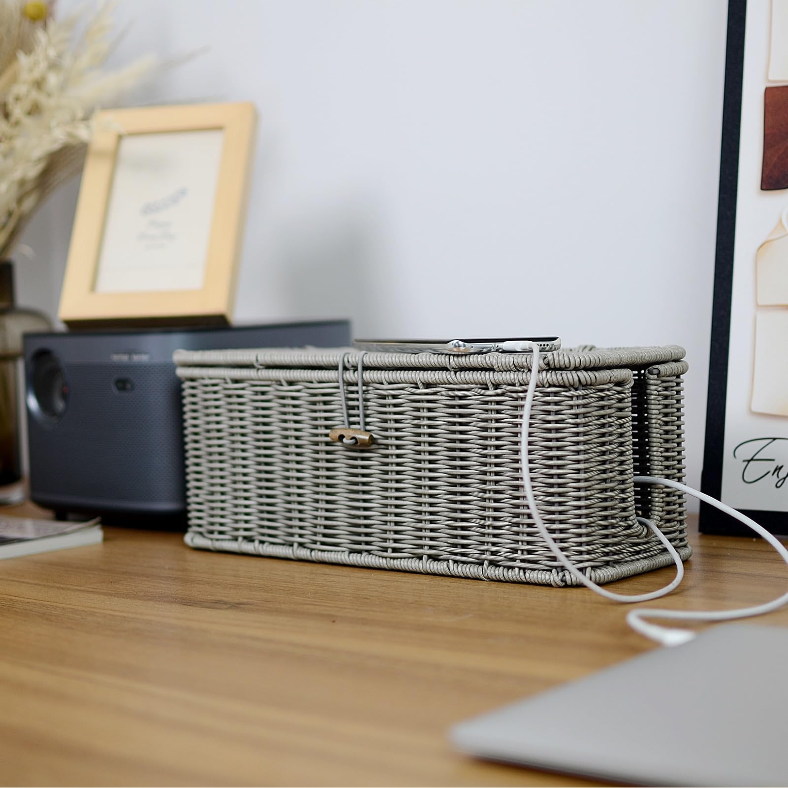 Kabelmanagementbox, Kabel-Organizer mit Deckel und Kabelbindern, graues Set