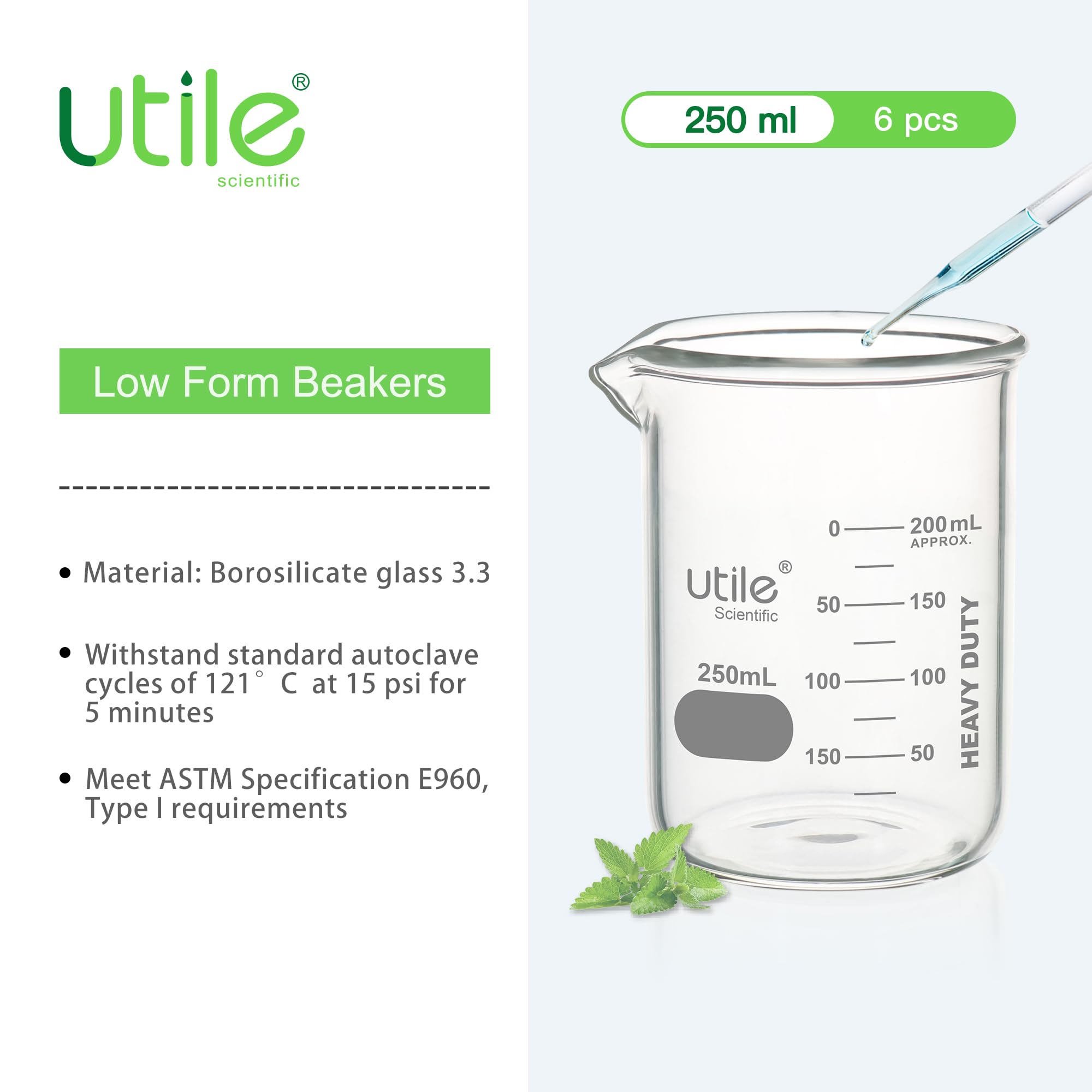 Utile Set di 6 bicchieri di vetro da 250 ml, bicchieri in vetro chimico, a bassa forma, borosilicato 3.3, bicchieri da laboratorio con graduazione stampata, 4000.0250.6