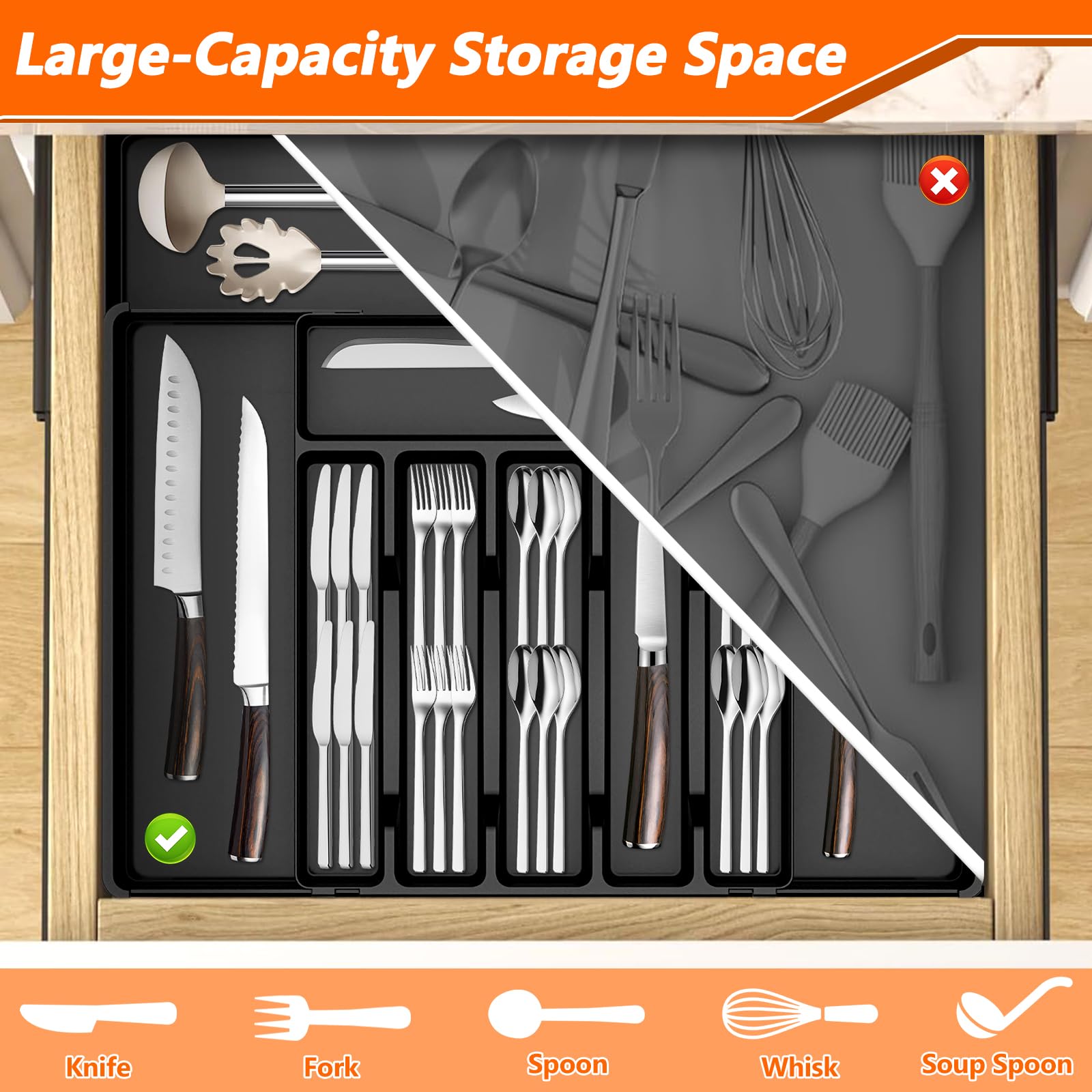 Portaposate Da Cassetto, Porta Posate Cucina Espandibile, Organizer Cassetti Cucina Con 10 Scomparti, Per Riporre Le Posate Da Cucina, Per Riporre I Cassetti, Nero