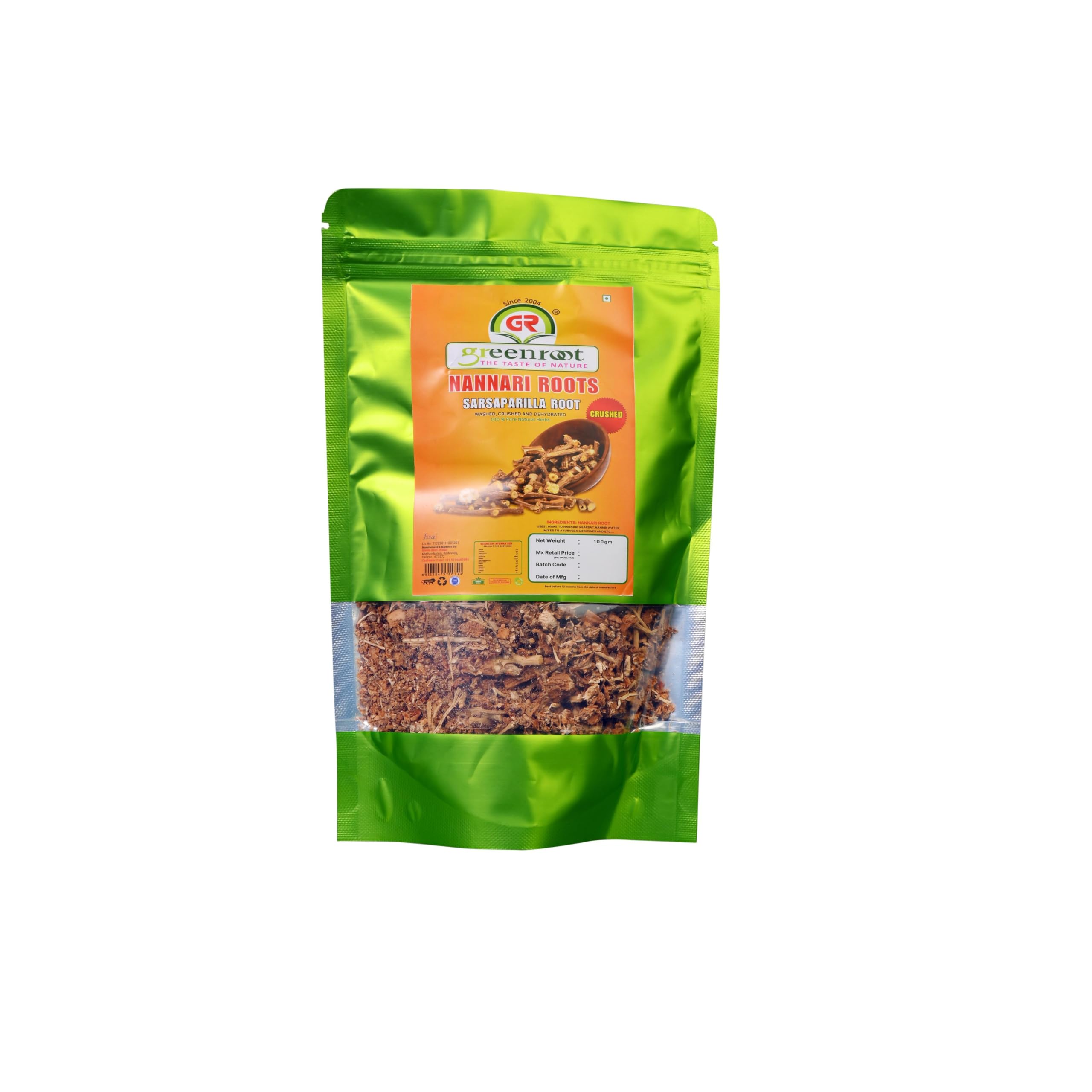 Green Root Natural Dried Dehydrated Crushed Nannari Roots 100 GM