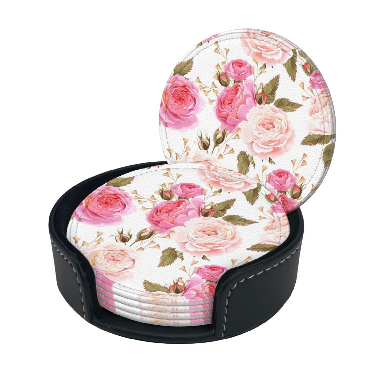 Floral Flower Rose Pink Print Coaster with Storage Box for Home, Office, and Restaurants