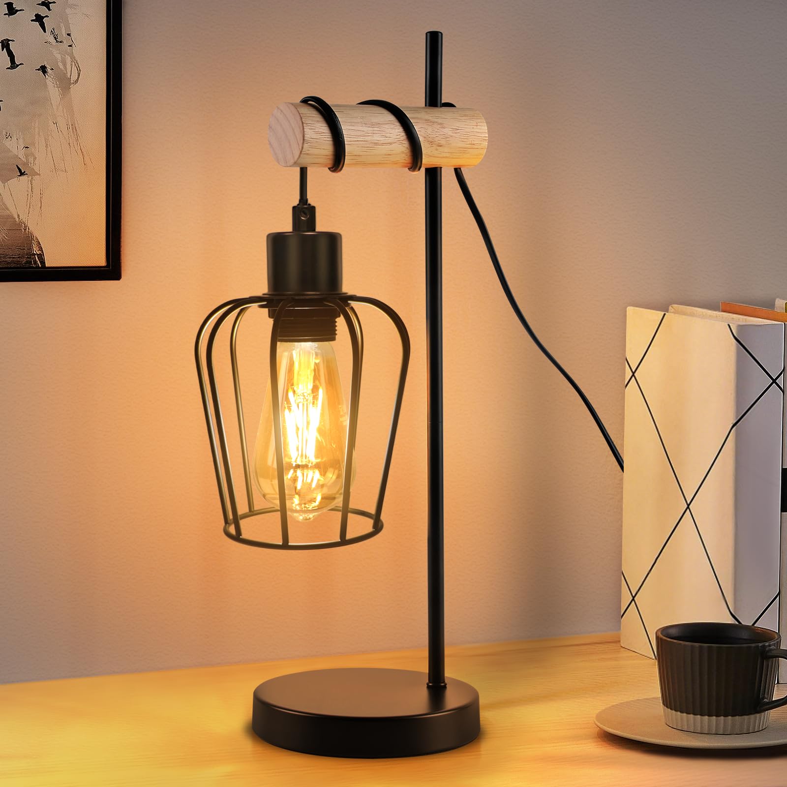ZMH Tischlampe Wohnzimmer Holz Tischleuchte Vintage: Schwarz Nachttischlampe 1 flammig im Industrial Design aus Metall E27 Fassung Retro Nachttischleuchte für Schlafzimmer Hotel - ohne Leuchtmittel