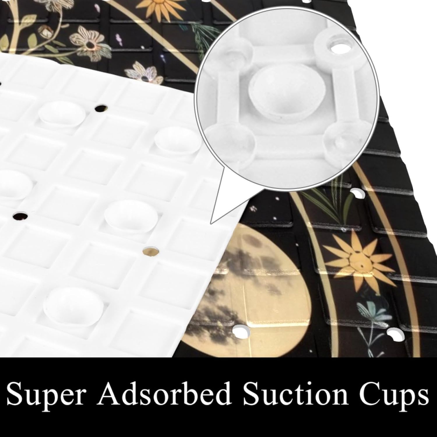 Non Slip Bath Mat for Tub, 15.1 x 26.8 Inch Bathtub Mat Machine Washable Shower Mat with Drain Holes and Suction Cups (Aesthetic Moon Phase Nature Flower Plant Butterfly)