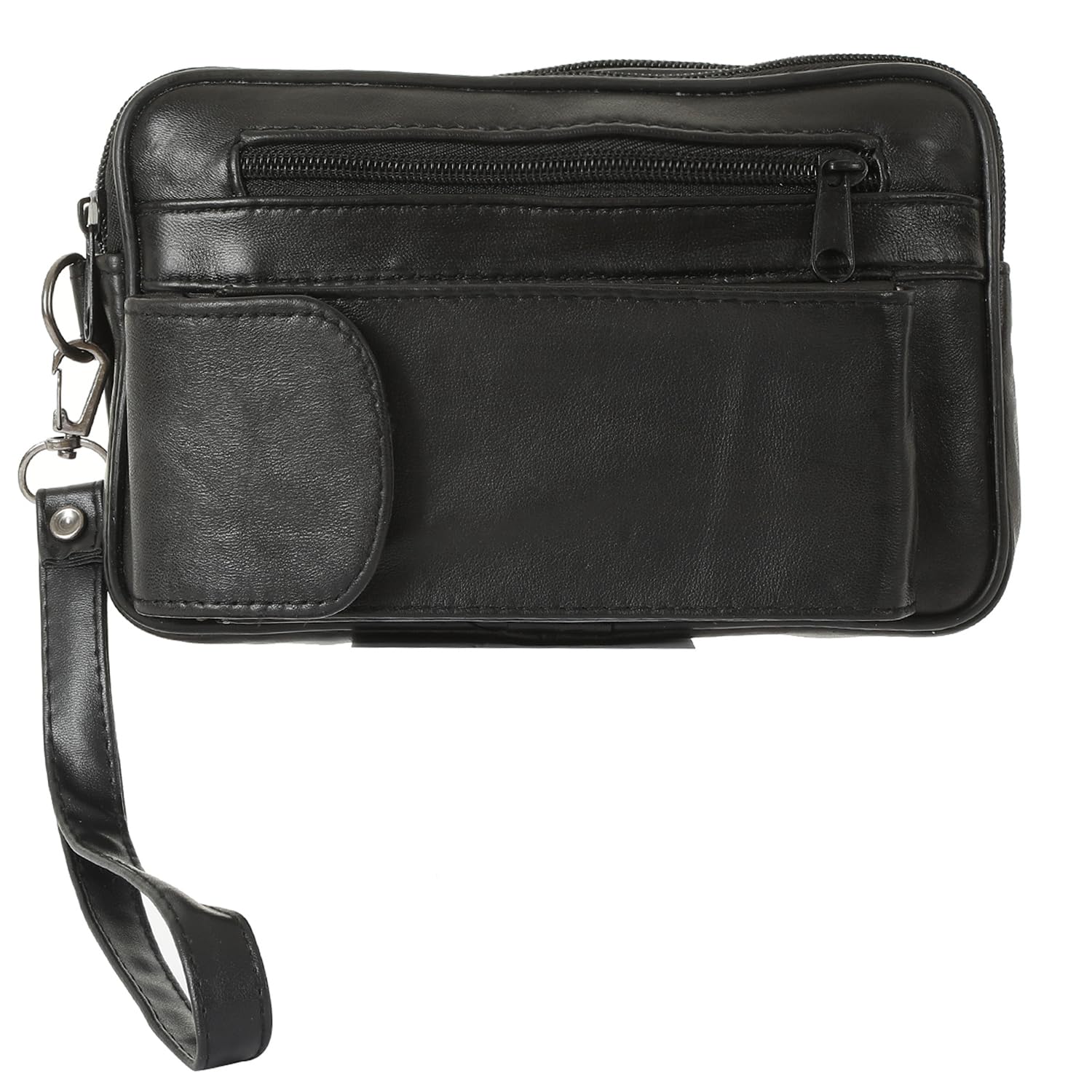 Herren Handgelenktasche Echt Leder Schwarz - Handtasche mit Brillen- und Handyfach - 4 Reißverschlussfächer - Organizer für Reise und Dokumente - Portemonnaie Tasche groß