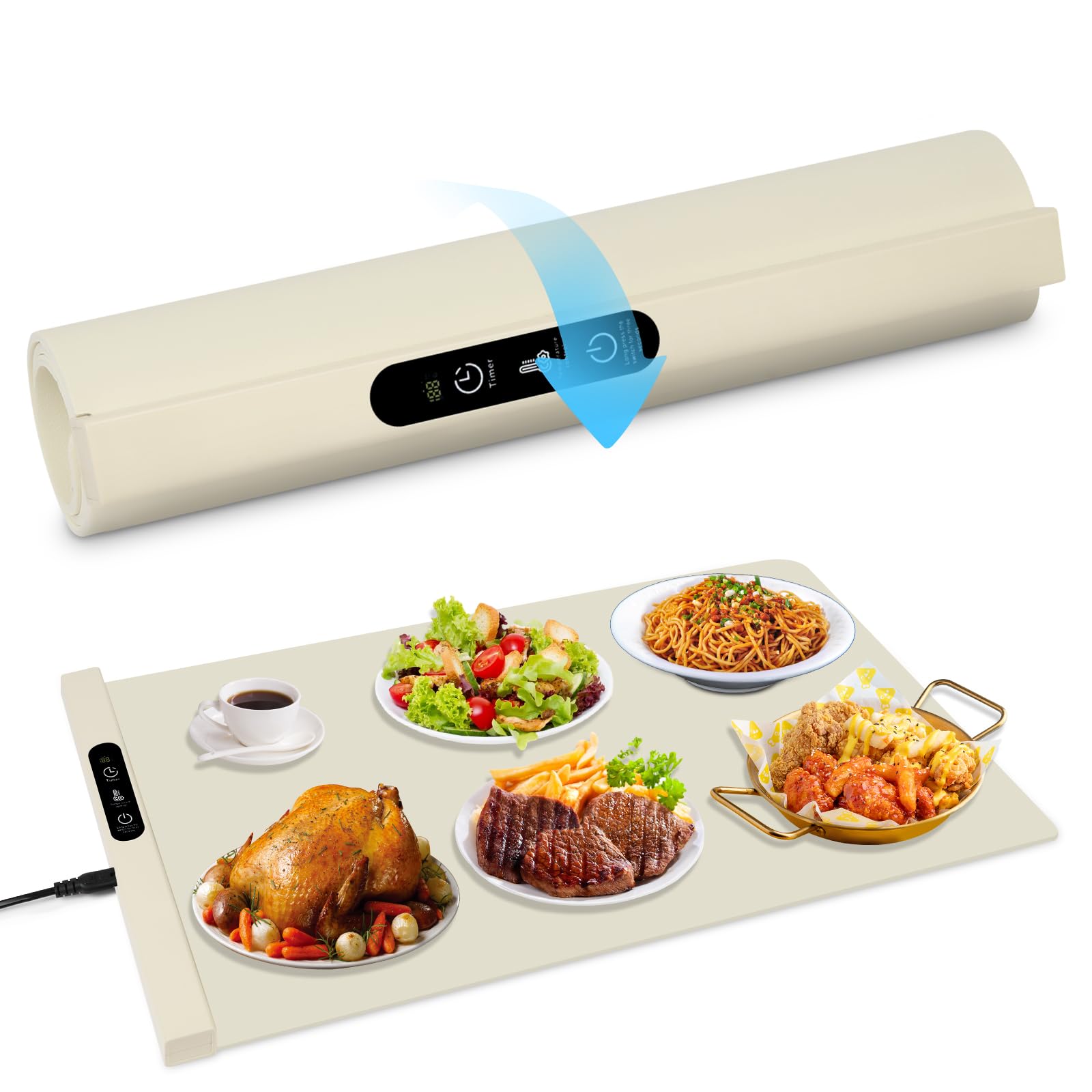 Vicloon Vassoio Riscaldante Elettrico, Scaldavivande in Silicone, 6 Impostazioni di Temperatura e 6 Timer, Scaldavivande Pieghevole, per Mantenere il Cibo Caldo o Scongelarlo, 61 x 38.5cm(Caffelatte)