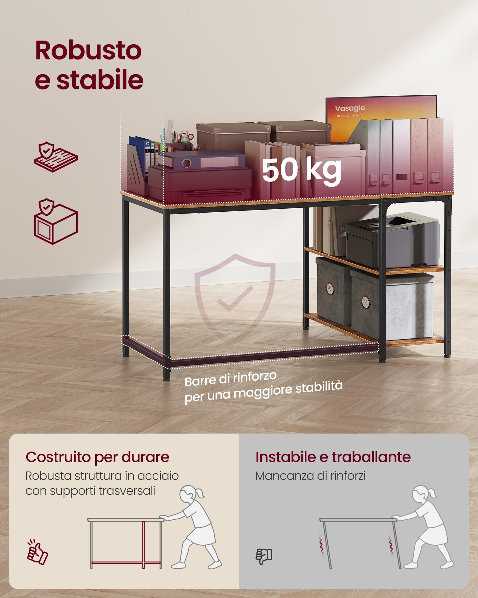 VASAGLE Scrivania a L, Scrivania Angolare per Computer con Prese e Porte USB, Ripiani Regolabili, 120 x 80 cm, per Ufficio in Casa, Marrone Vintage, Collezione BARNET LWD132KD01