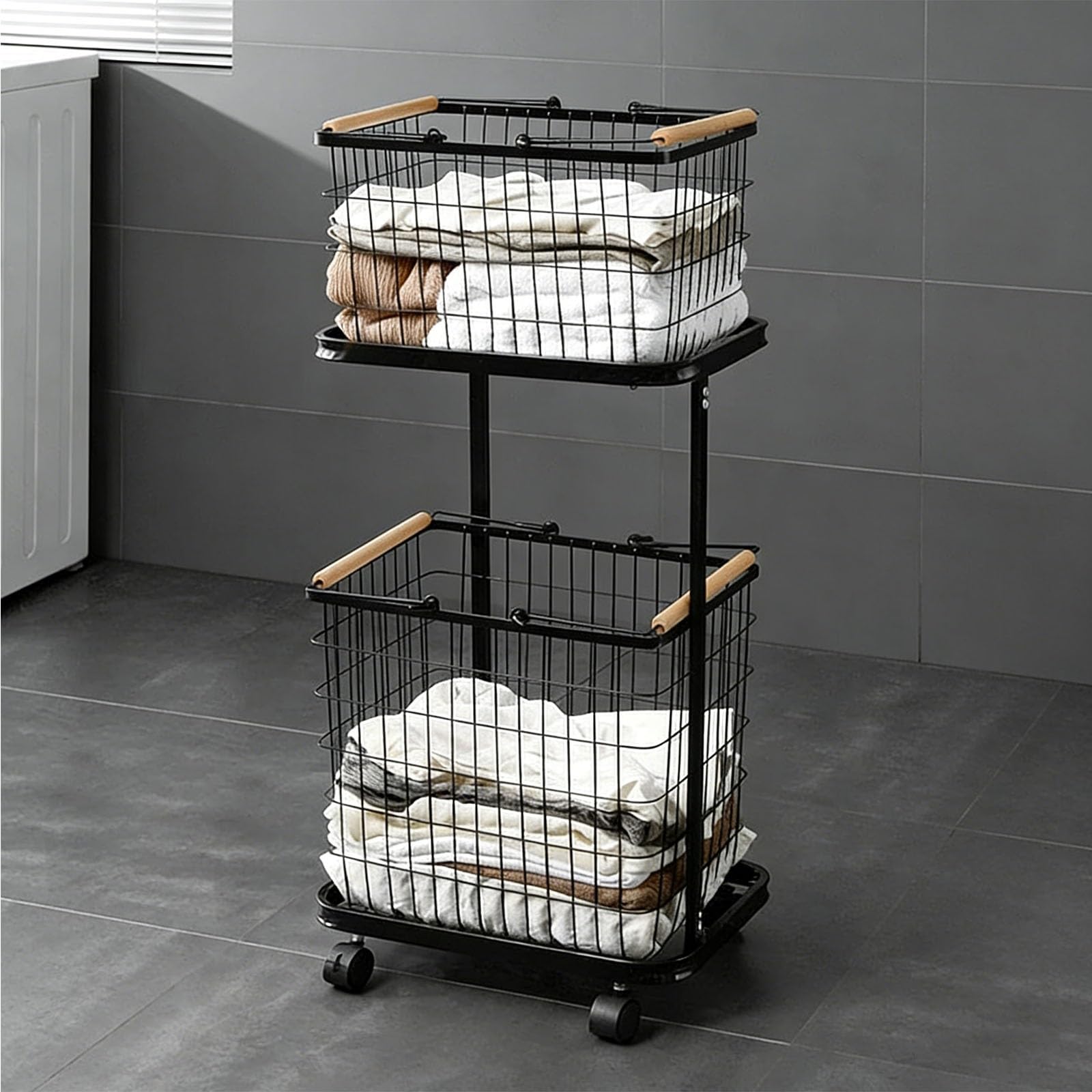 Folding Laundry Basket Household Storage 2 Tier Rolling Hamper with Wheels,Metal with Removable,Clothes Sorter Trolley Shelf