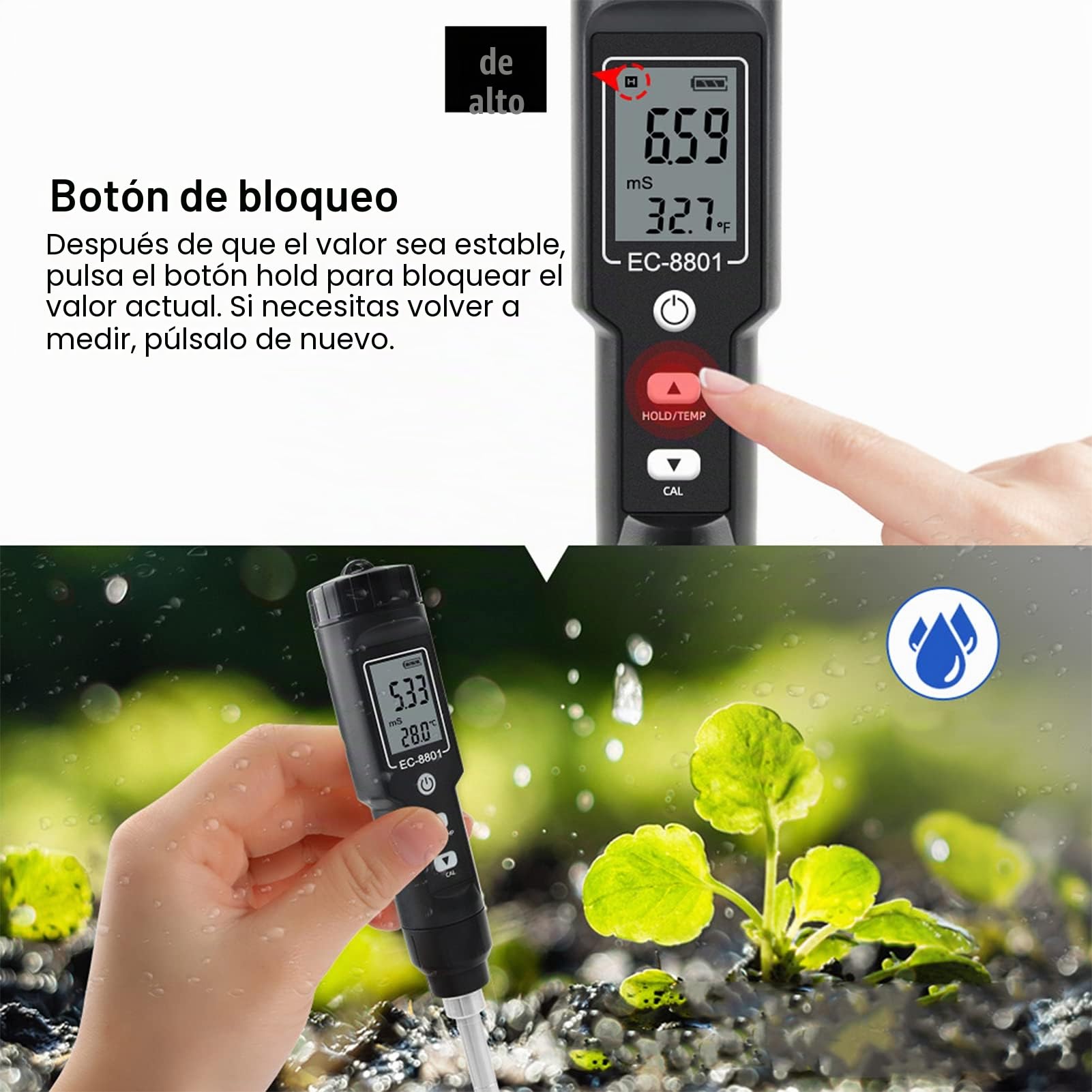 Medidor de EC de suelo directo digital Probador de temperatura de conductividad eléctrica Detector de fertilidad de nutrientes del suelo para flores Hierba Planta Jardín Granja Césped