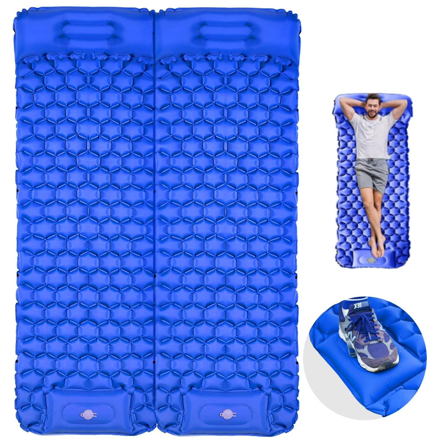 Colchoneta Inflable para Dormir, Colchón Hinchable Doble para Acampar, Almohadilla de Dormir con Bomba de Pie Incorporada, Esterilla Portátil y Plegable con Almohadas para Senderismo, Viaje, Exterior