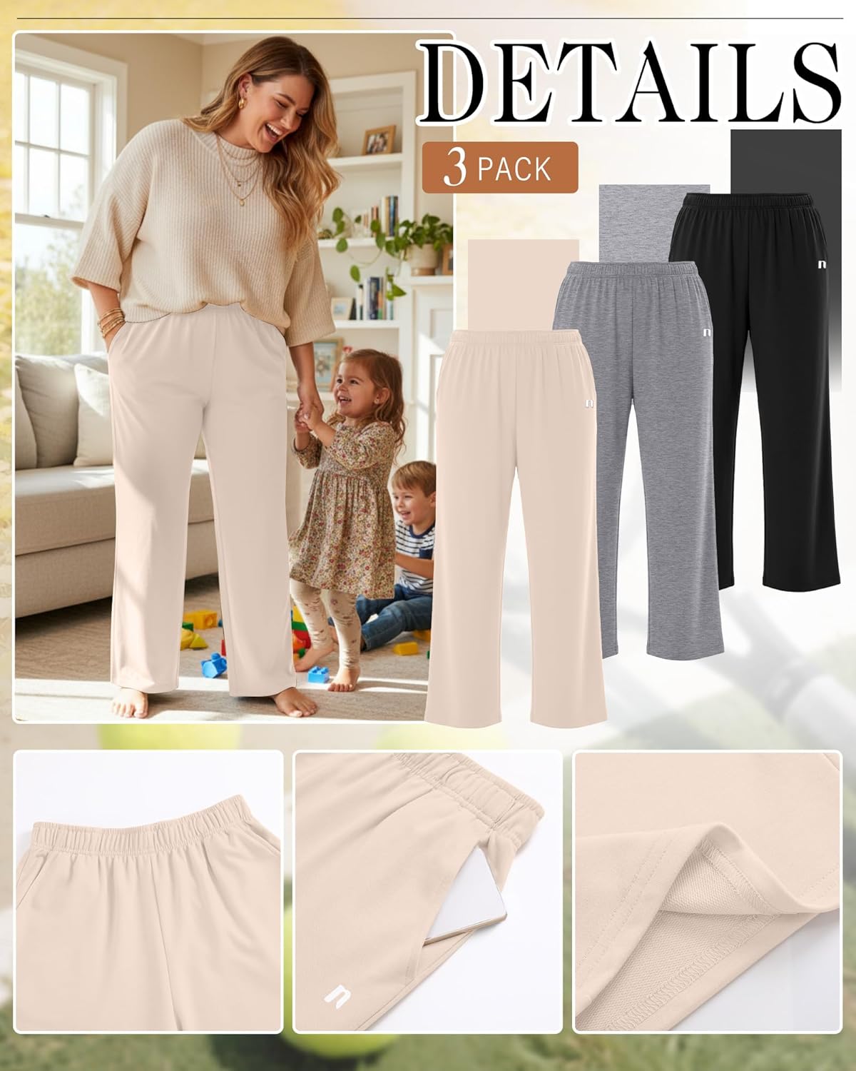 Neer 3 Packs Women's Plus Size Wide Leg Sweatpants High Waist Elastic Waistband Lounge Pants with Pockets - Image 3