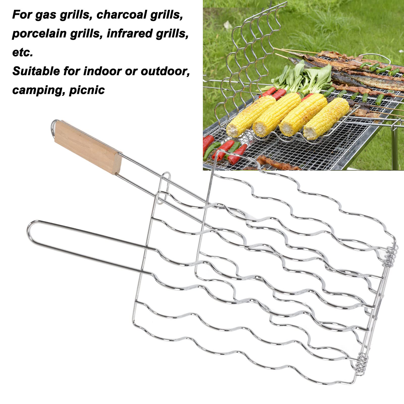 ??Topyond Grill Basket for Corn, Stainless Steel & Beech Wood BBQ Basket with 4-Corn Capacity, Even Heat Distribution Grilling Tool for Outdoor Camping Backyard, Fish Vegetables Meat Roasting??