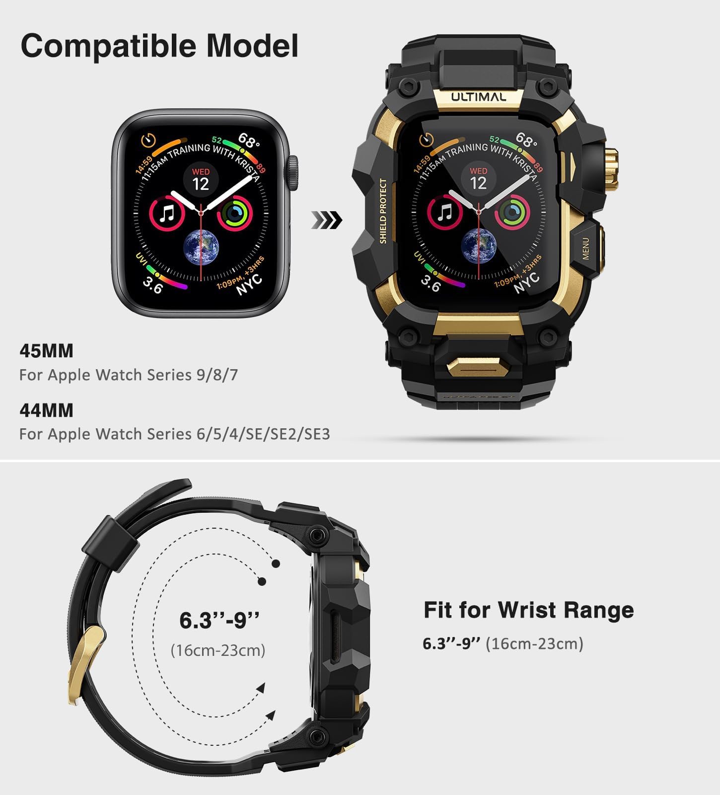 ULTIMAL Coque robuste avec bracelet pour Apple Watch de 49 mm, compatible avec Apple Watch Ultra 3/2/1, coque antichoc de qualité militaire pour iWatch bracelet tactique pour homme