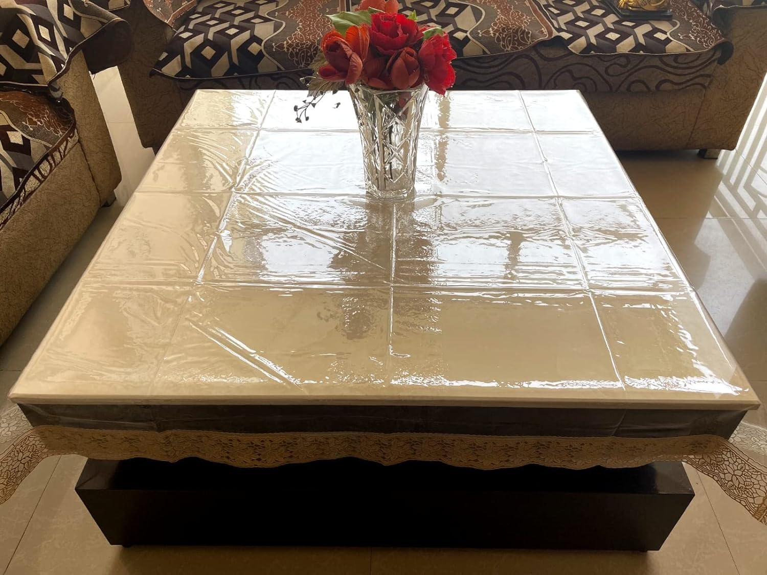 BLESS KRAFT Decor Waterproof PVC Plastic Clear 4 Seater Square Table Cover (Transparent, Golden Lace, 45 x45 inch, Thickness: 0.20mm) (B09WKLJY2X) Amazon Price History, Amazon Price Tracker