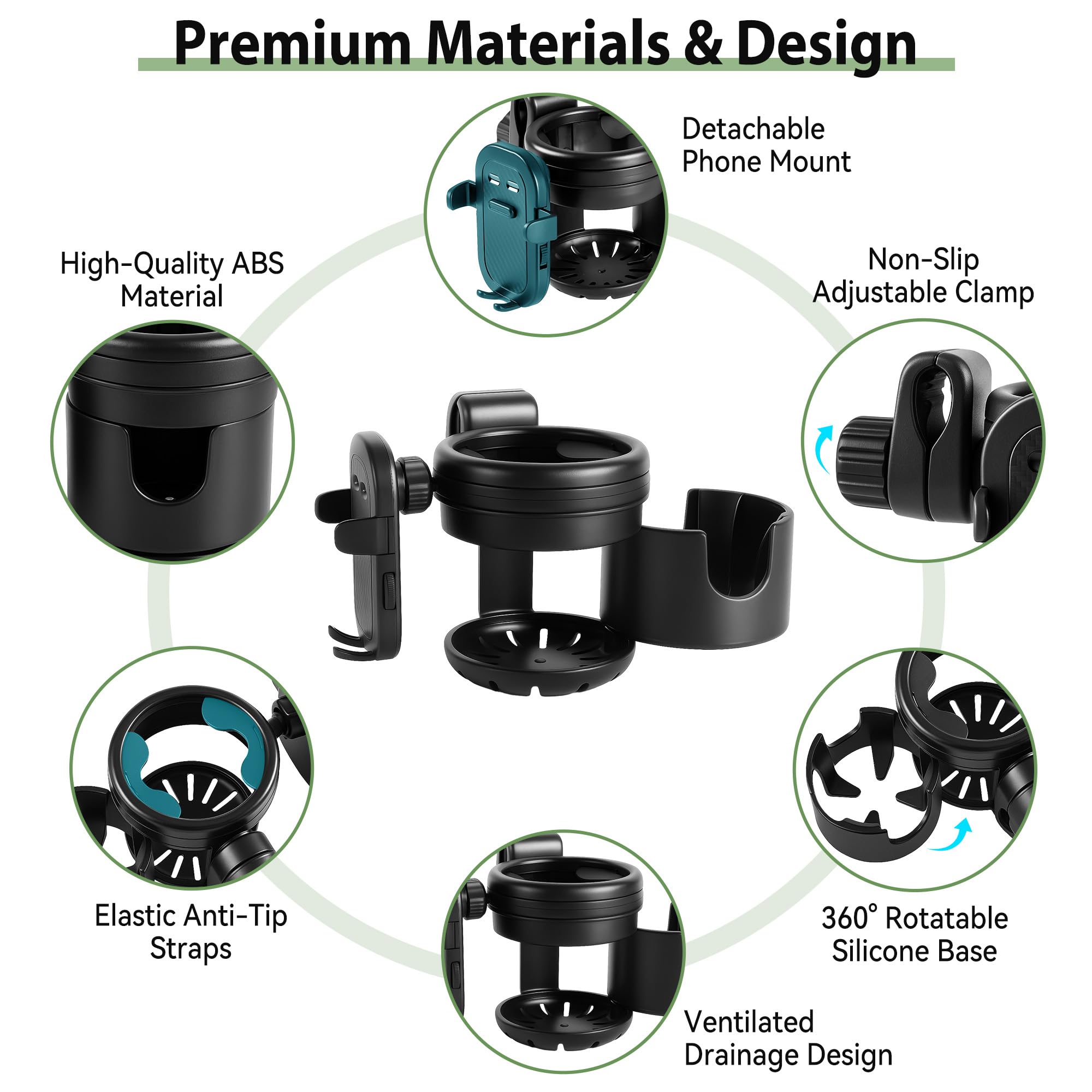 Portavasos Carrito Bebé 3 en 1, Soporte para Biberón con Soporte para Móvil - Portavasos Universal Giratorio 360° para Coches de Bebé, Bicicletas, Sillas de Ruedas - Práctico Regalo para Bebés