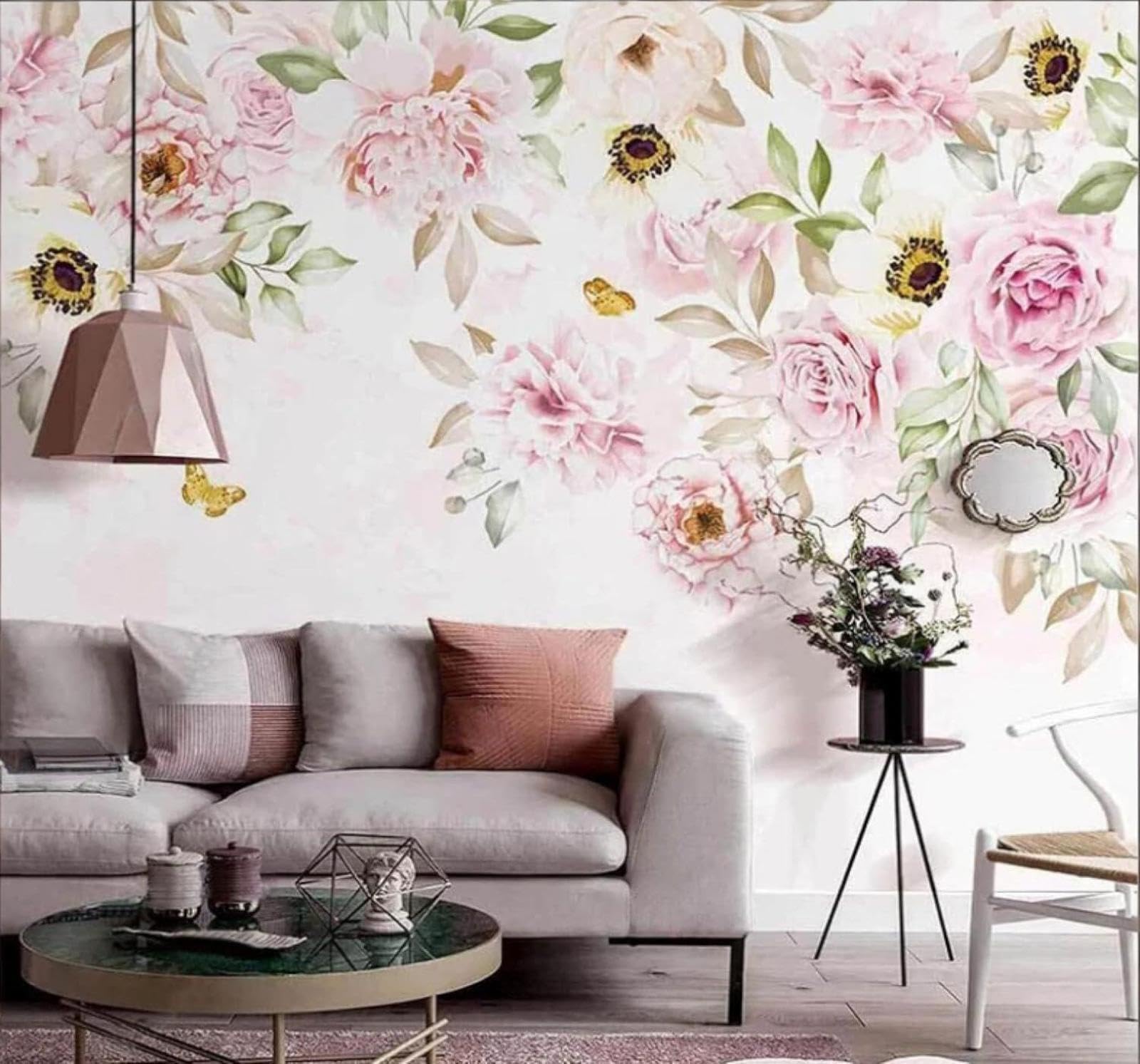 XLMING Warm Beautiful Pink Flowers Butterflies 3D Wallpaper Luxury Home Dining Decor Paste Sofa Living Room The Wall for Bedroom Mural-200cm×140cm