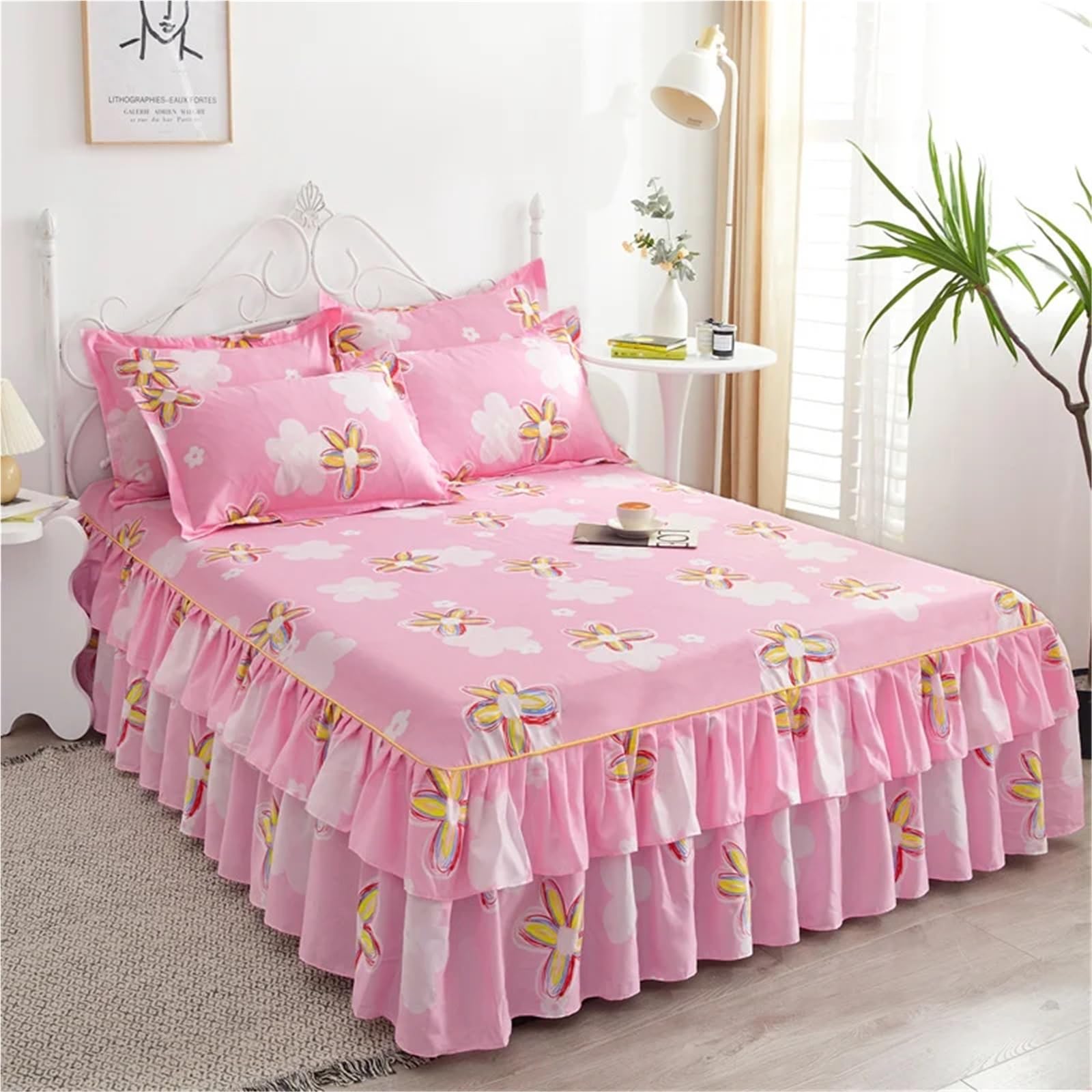 3pcs Bedding Simple Flower Bed Skirt With Pillowcases Wedding Bedspread Bed Sheet Mattress Cover(Color-16,3pcs 180x200cm)