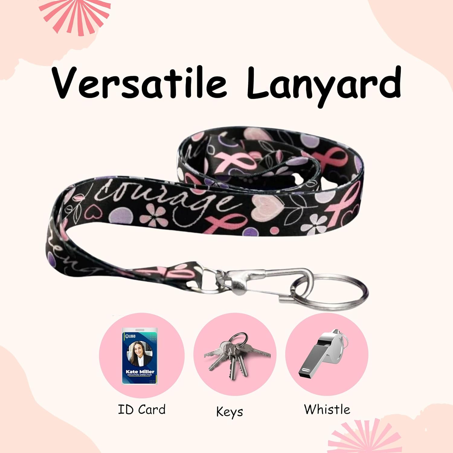 Breast Cancer Awareness Lanyards - Pink Ribbon Lanyards - Badge Holders/Keychains for Fundraising