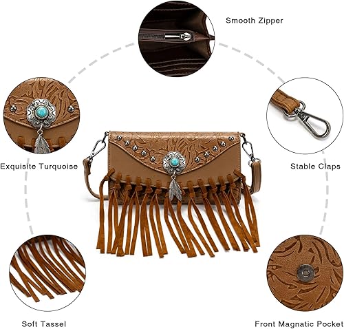 Vista 6 de Bolsos cruzados pequeños para mujer, bolso cruzado con flecos, bolso de hombro con borlas, cartera de concho turquesa