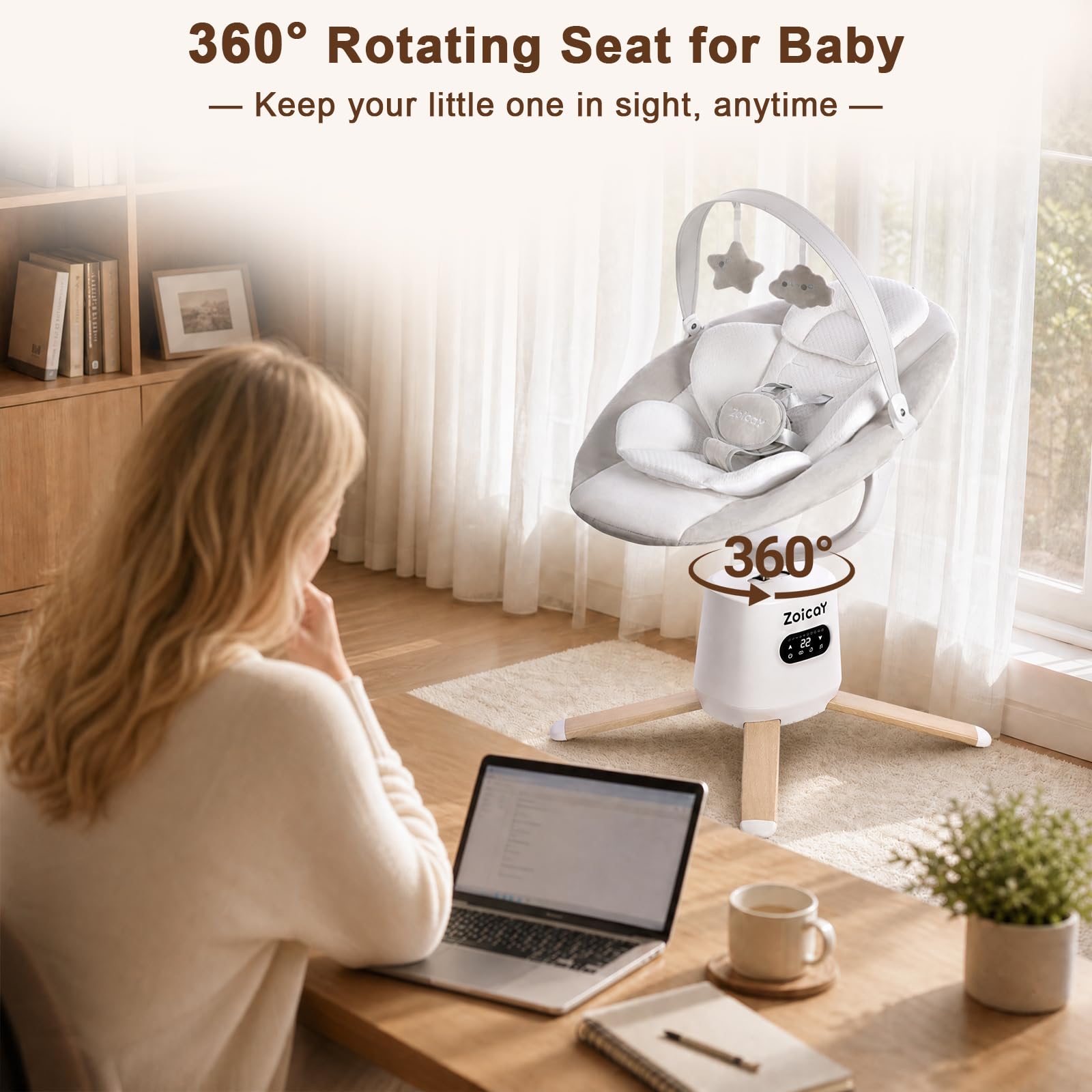 Mecedora Electrica con 9 Modos 8 Velocidades para recién nacido 0-9 Meses | Sillas Mecedora para Bebe 360° Asiento & Inclinación Ajustable, Función de Temporización Música Mando a Distancia y Bluetooth