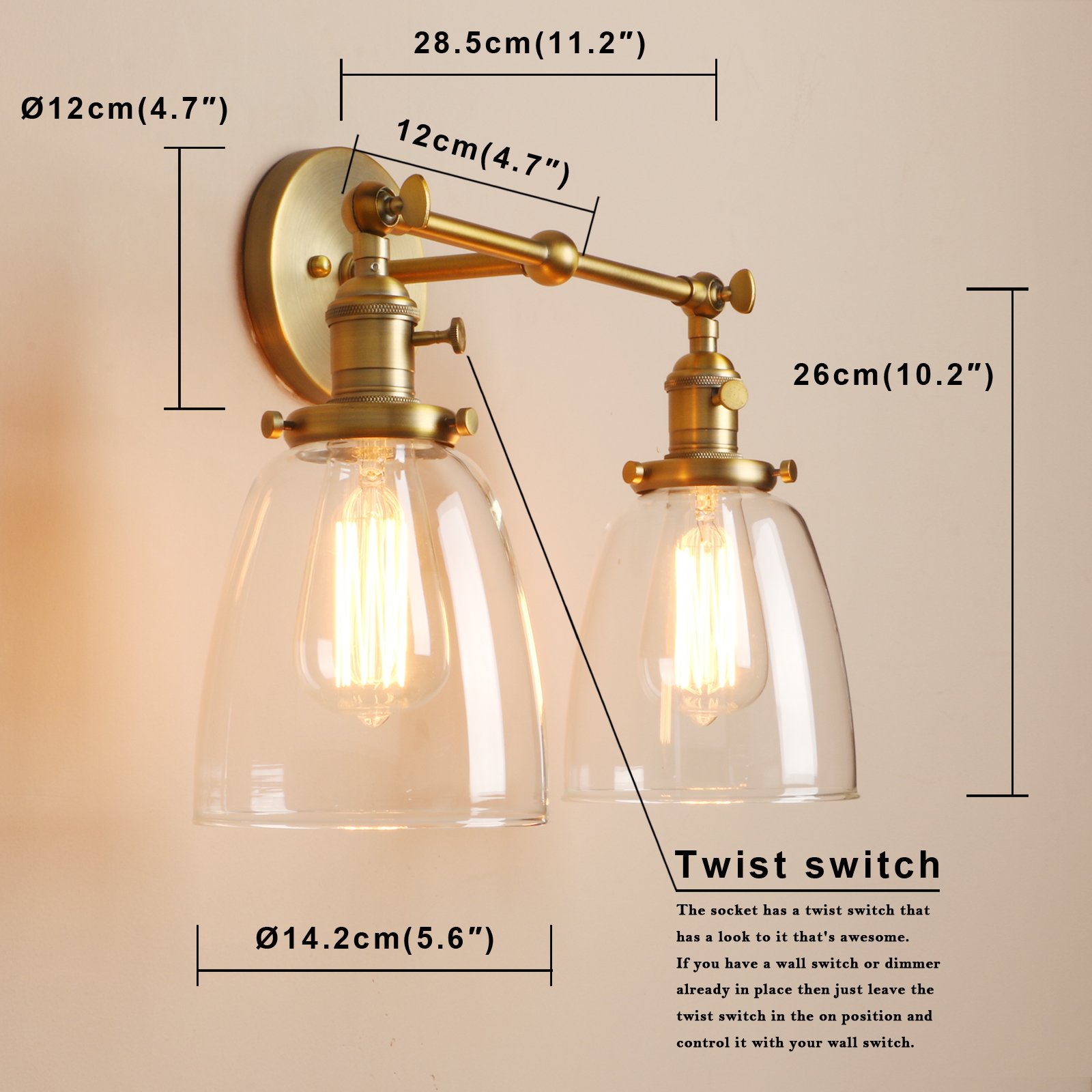 Pathson Réglable 2 Luminaires Applique Abat-jour en Verre Rétro Industrial Lampe Murale Plafonnier Rétro Eclairage(Ampoule Non Inclus) Antique