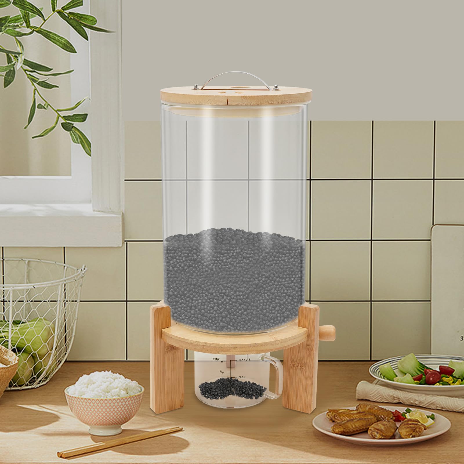 Distributore di cereali, distributore di cereali, dispenser per alimenti, in acciaio inox e vetro silicone bambù, ermetico, verticale, per riso, noci, caffè, snack, casa e hotel