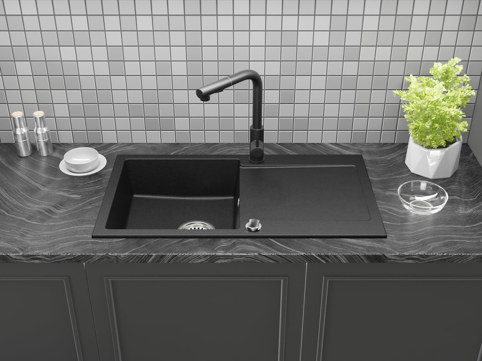 Faizee Home | Granitspüle 90x50 cm – Reversibles Spülbecken mit Abtropffläche inkl. Siphon & Drehexzenter | Kratzfest, hitzebeständig & für 45 cm Unterschränke (Side, Schwarz Gesprenkelt)