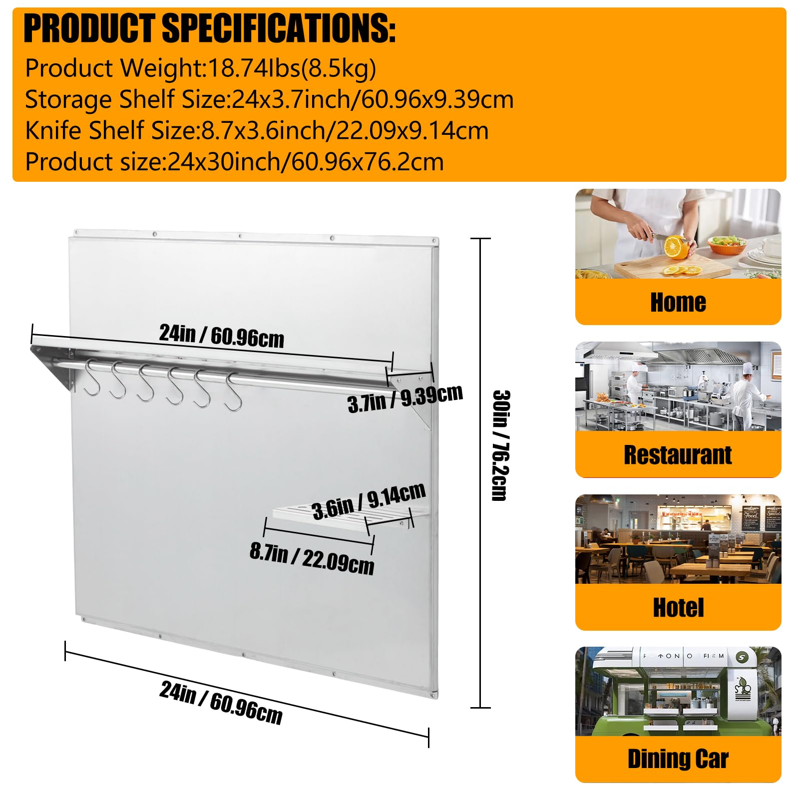 24"x30" Stainless Steel Range Backsplash for Stove Hood, Wall Mount Panel with Storage Shelf & Knife Rack, Commercial Grade, Pre-Drilled Holes for Easy Installation & Cleaning - 3
