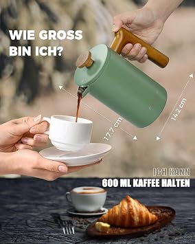 Poliviar French Press Coffee Maker 600 ml / 21 oz Double-walled insulated coffee pot hand filter coffee press plunger & wooden handle JX2024-SFPN-DE