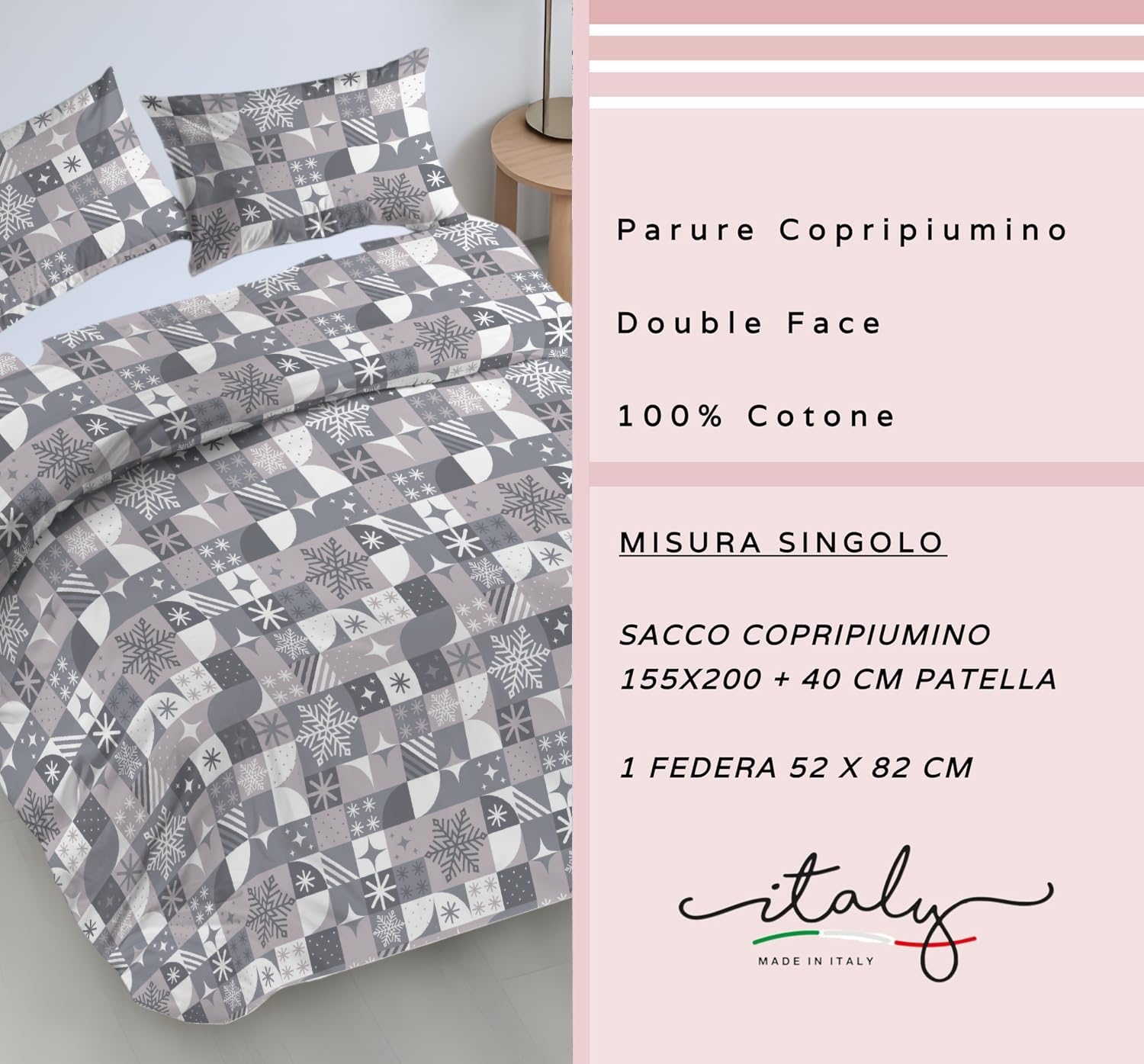 Riad Arredo Set Copripiumino Morbido 100% Puro Cotone Italiano - Parure Sacco Piumino con Federe Made in Italy (Snow Grey, Singolo 155x240 + 1 federa 52x82)
