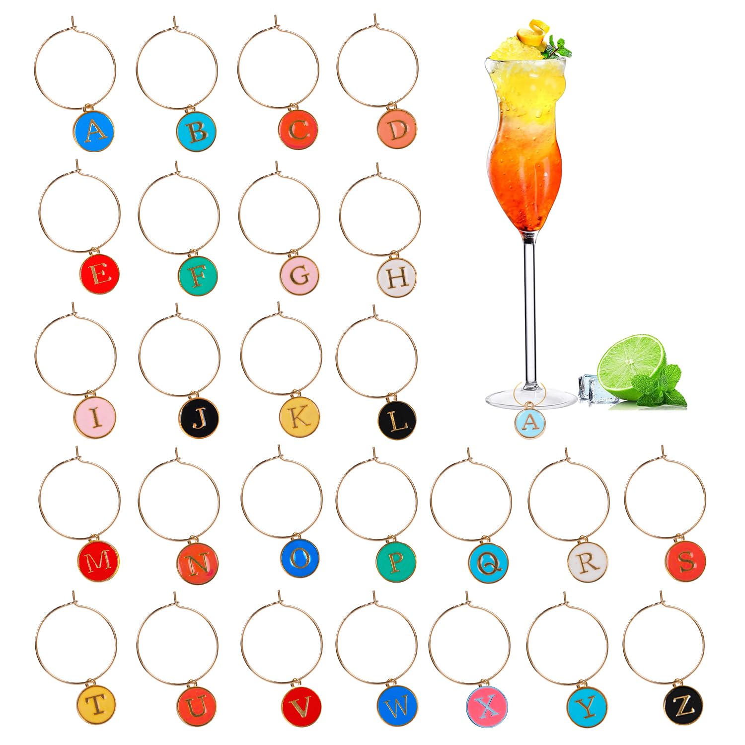 MOSNLEILA Wine Glass Charms - Stem Glass Markers & Identifiers - Funny Drink Name Tags for Christmas and Party Decorations - Colorful Letters Themed Set of 26