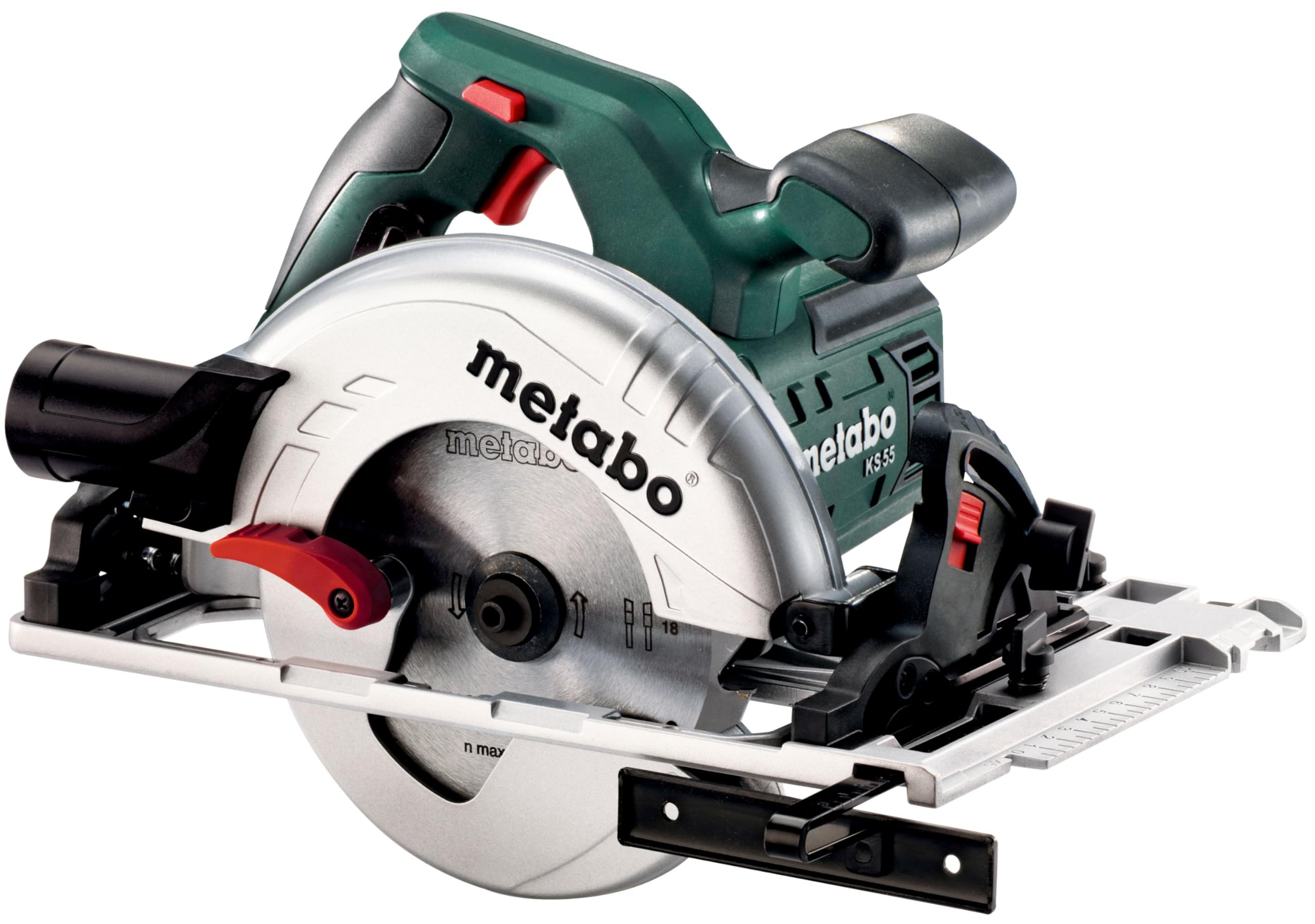 metabo KS 55 FS Handkreissäge, 1200 W Säge mit 55 mm Schnitttiefe & Zubehör | Kreissäge für Führungsschienen, 160 mm Sägeblatt, Parallelanschlag, Absaugstutzen, Sechskantschlüssel, 4 m Kabel