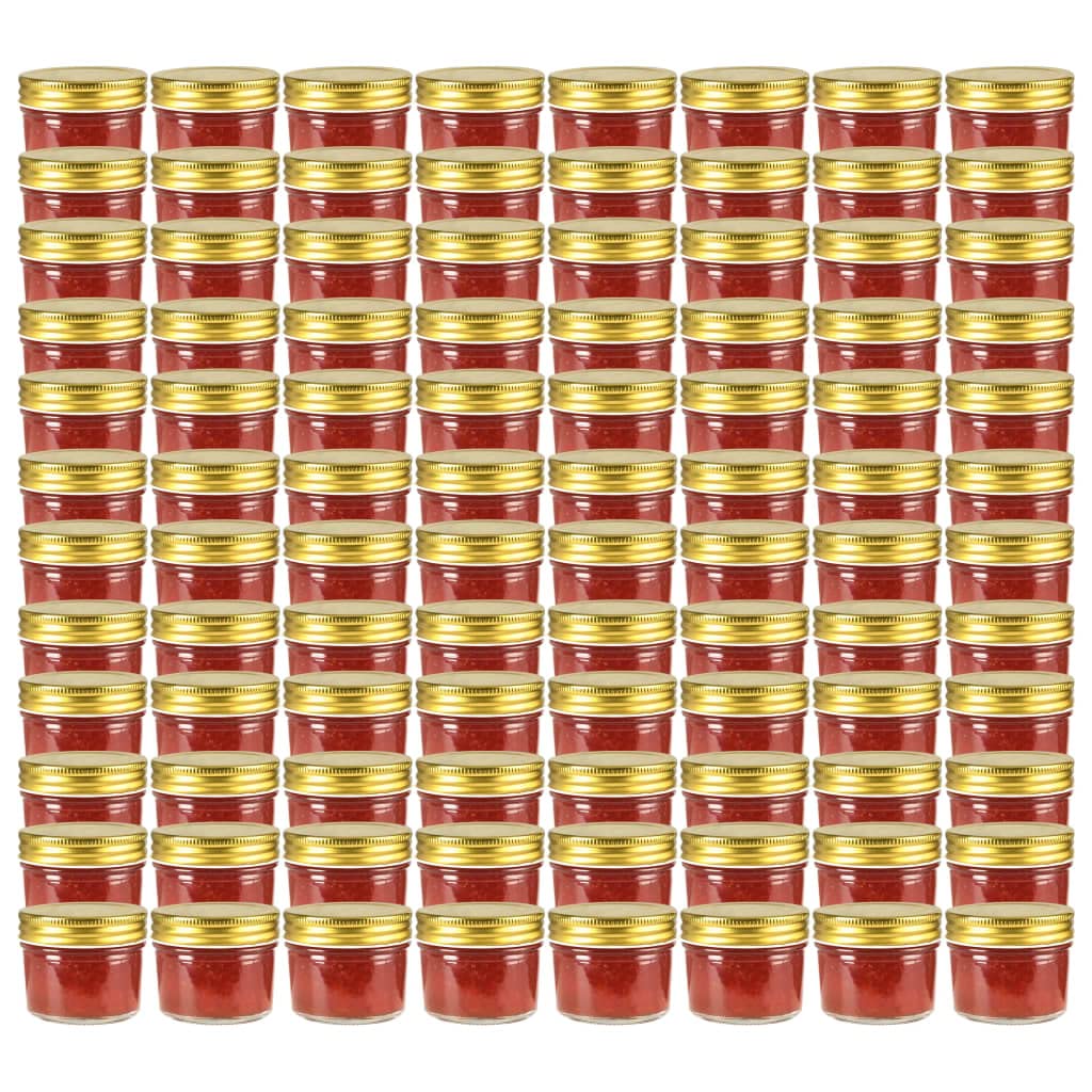 96 Stück 110 ml Marmeladengläser aus transparentem Glas mit goldenem Deckel, Einmachgläser für Marmelade, Chutney, Essiggurken, Saucen und Konfitüren, mit weitem Mund