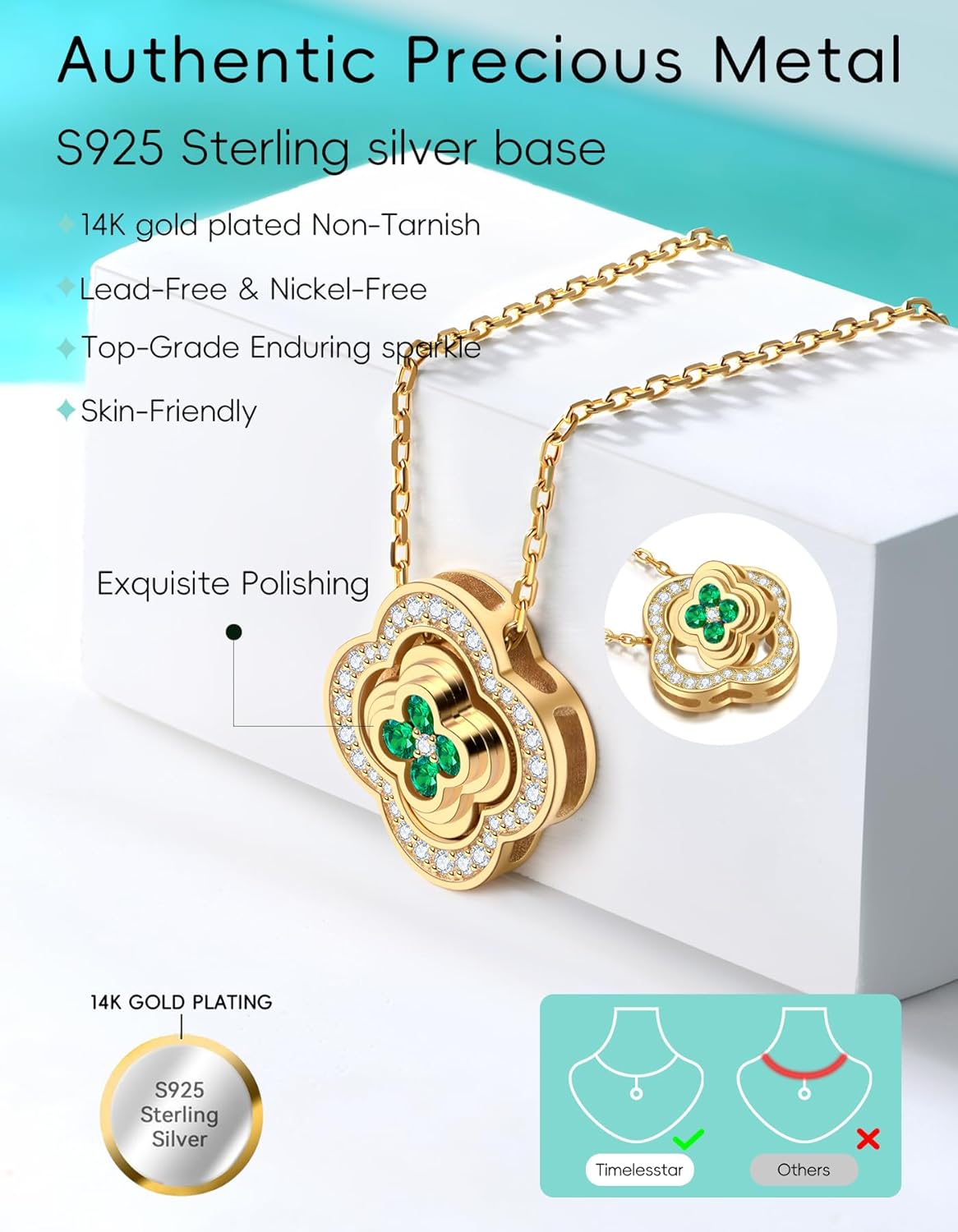 Clover Necklaces for Women Gifts with Lab-Grown Moissanite and Emerald|S925 Sterling Silver|14K Gold Plated Non Tarnish - Image 5