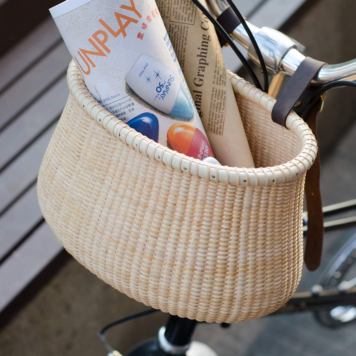 Amazon | Teng Tian無垢材の籐の組み合わせ 自転車かご 前バスケット