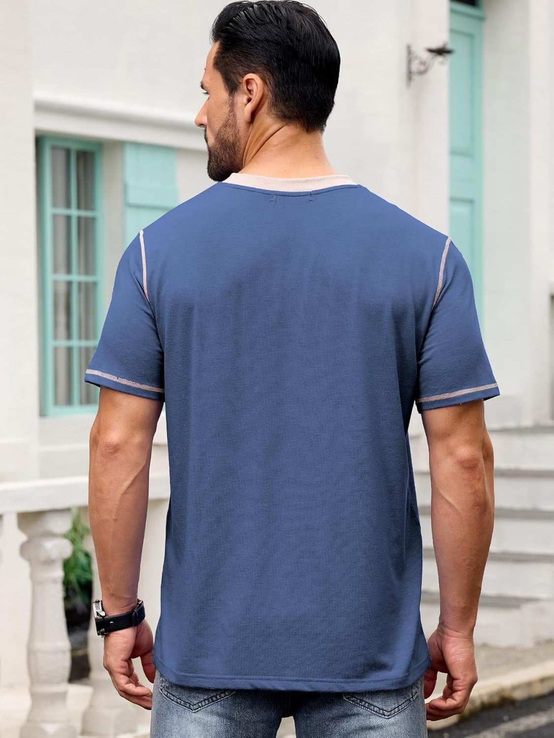 Men's Casual Henley Shirt Short Sleeve Summer V Neck Solid T-Shirt Tops Whith Pocket - Image 4