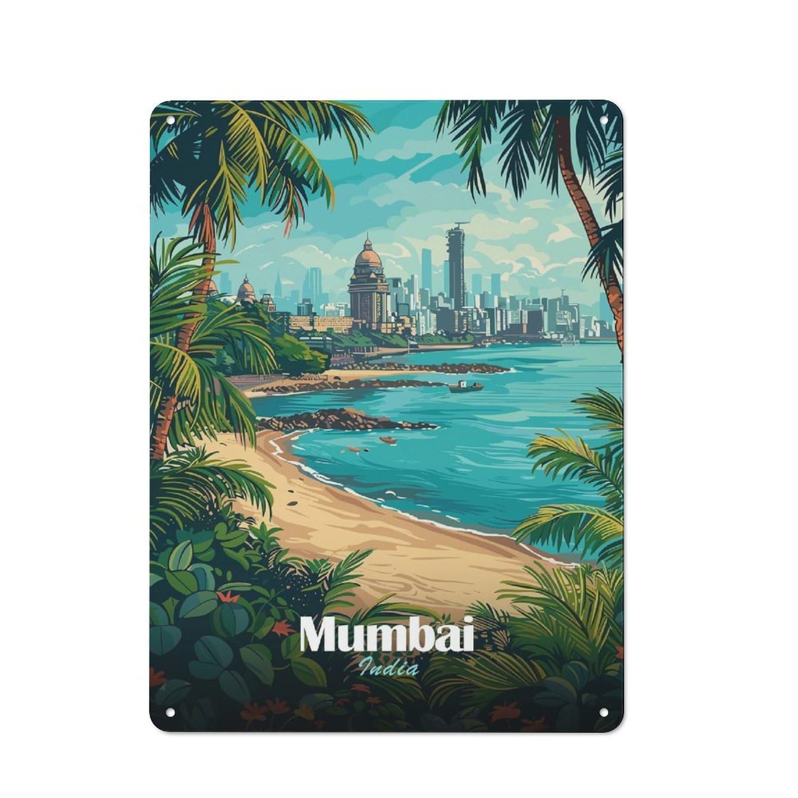 Junmoney Mumbai Cityscape With Beach Tin Wall Plaque 40X30cm With For Garage Or Workshop, For An Autumn Wall Display In Garage And Workshop