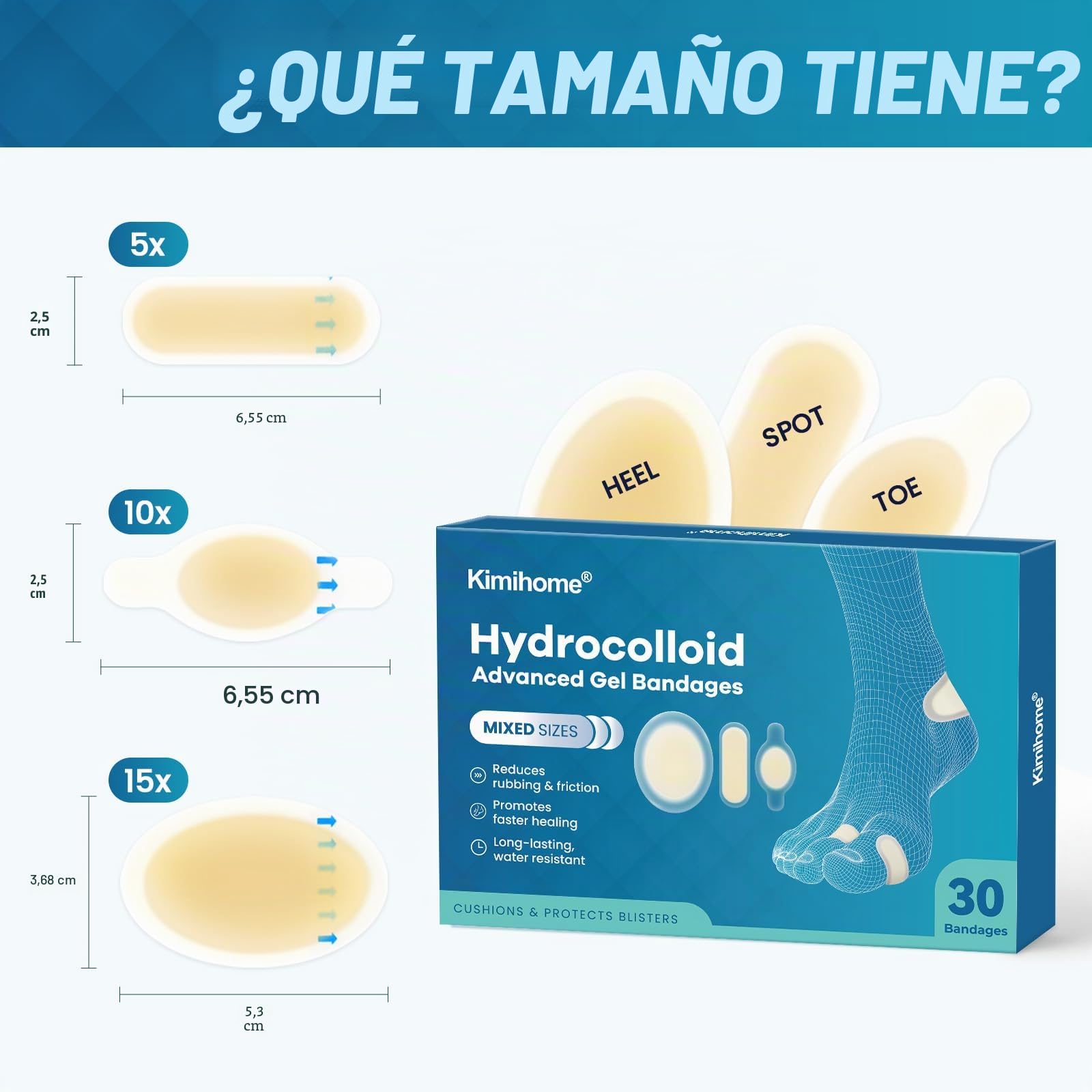 Kimihome Vendas hidrocoloides para pies – Vendas de gel de 30 unidades – Cojines de ampollas para talón, dedos de los pies – Prevención de ampollas para viajes – Almohadillas de vendajes resistentes