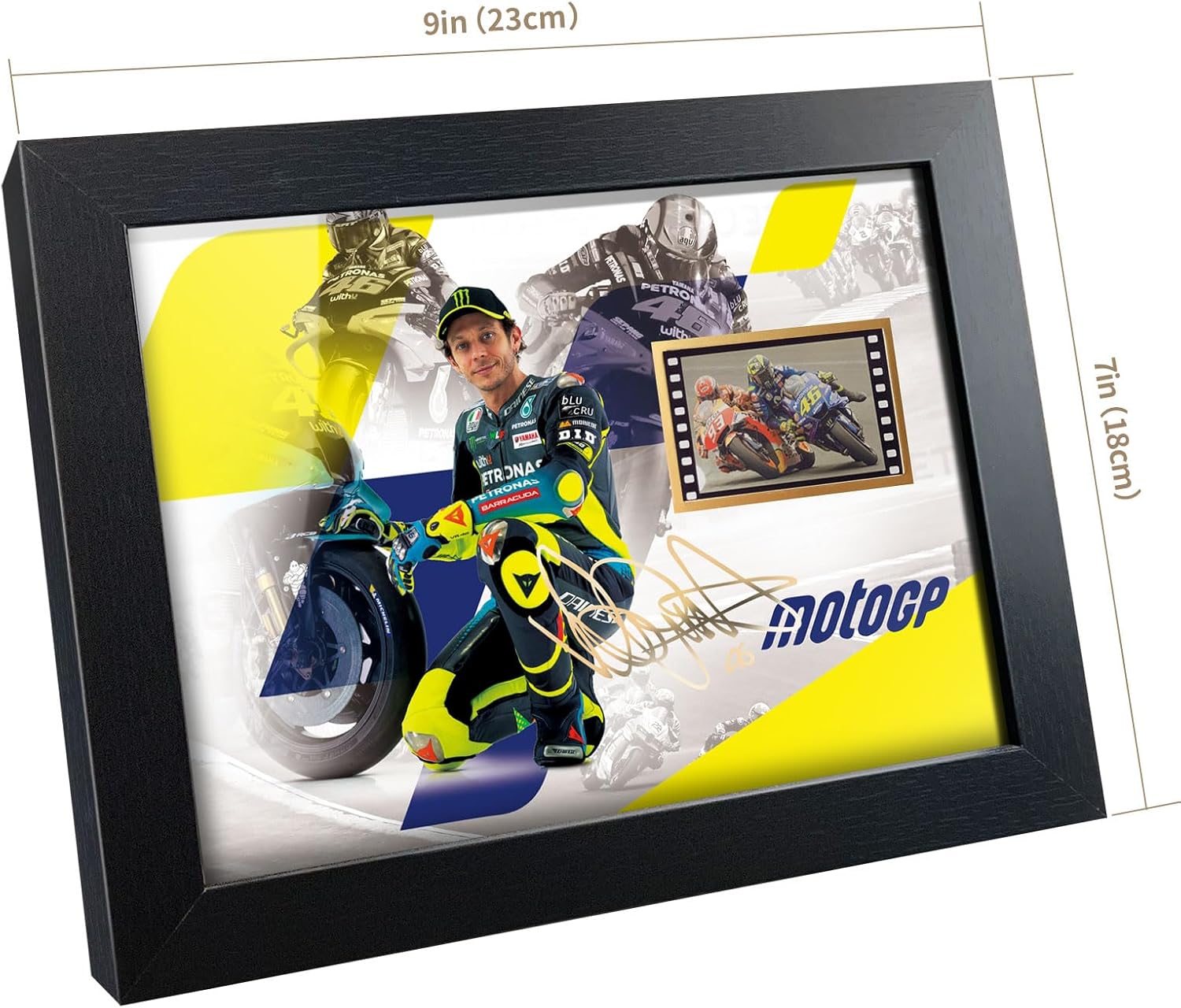 sufenvera Sports Fans Poster - Valentino Rossi Framed Photo with Print Signed and Mini Film Display,MotoGP Collectibles Gifts for Motorcycle Racing Enthusiasts 8x6 Inches