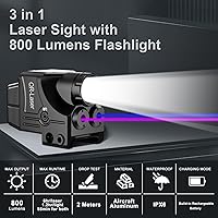 Vista 2 de Combo de luz láser roja verde púrpura azul, linterna táctica de 800 lúmenes con mira láser, batería recargable USB incorporada, haces de luz láser