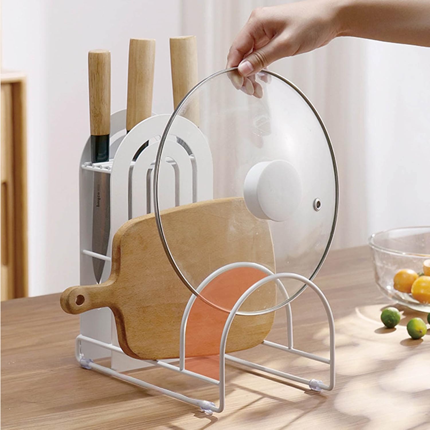 Stainless Steel Lid Cutting Board Holder Metal Freestanding Stand for Home Kitchen Countertop Knives Tableware