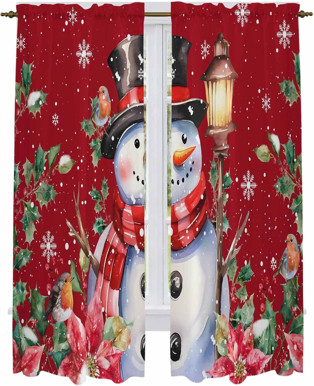 Red Snowman Window Curtains 72 Inch Long 2 Panel Set, Rod Pocket Long Curtains & Drapes, Christmas Poinsettia Winter Snowflake Light Filtering Window Treatment for Bedroom Living Room 52"W x 72"L