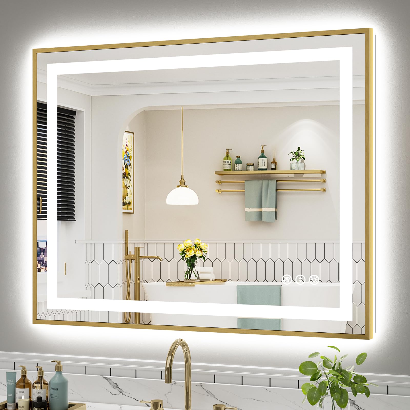 44x36 Inch LED Bathroom Mirror with Gold Frame, Backlit &amp; Front Lit