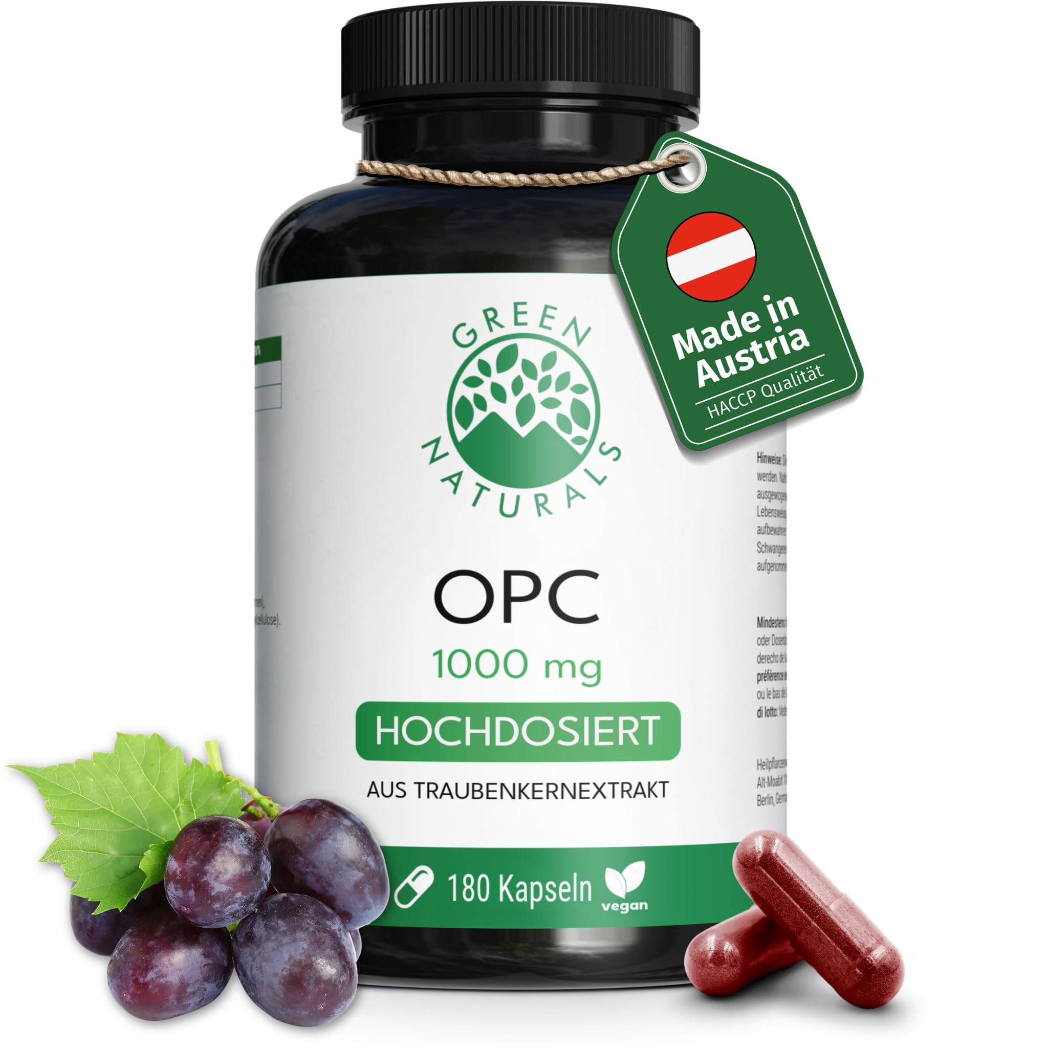 Green Naturals OPC Traubenkernextrakt – Hochdosiert: 1.250 mg Extrakt | 1.000 mg OPC pro Tagesdosis · 180 Kapseln · 3-Monatsvorrat