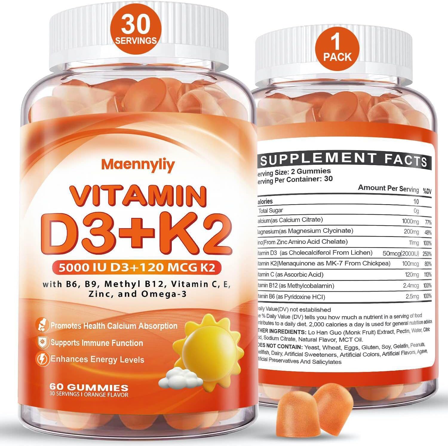 Vitamin D3 K2 Gummies for Adults - Vitamin D3 5000IU + K2 (MK-7) 120mcg - Sugar-Free D3 and K2 Supplements with Omega-3, Methyl B12, B9, B6, Vitamins E & Zinc - for Calcium Absorption & Immune Health