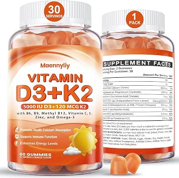 Vitamin D3 K2 Gummies for Adults - Vitamin D3 5000IU + K2 MK-7 120mcg - Sugar-Free D3 and K2 Supplements with Omega-3, Methyl B12, B9, B6, Vitamins E & Zinc - for Calcium Absorption & Immune Health