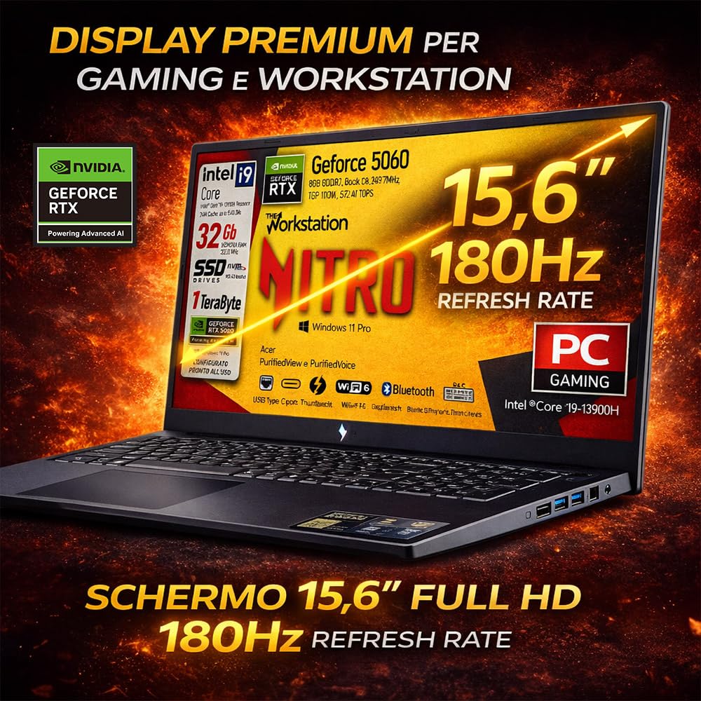Acer Notebook Gaming Nitro, Intel Core i9-13900H, fino a 5,4GHz, NVIDIA GeForce RTX 5060 8Gb GDDR7, RAM 32Gb, SSD 1Tb, 15.6" FHD IPS 180Hz, Wi-Fi 6e, Thunderbolt 4.0, ready to use