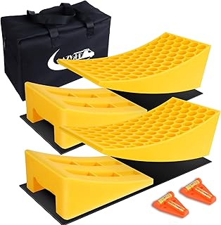 Magic4U Camper Leveler 2 Pack - RV Caravan Leveling Ramp Blocks, Includes 2 Mini Level T Shape,Two Curved Levelers, Two Chocks, and Two Rubber Grip Mats, Heavy Duty
