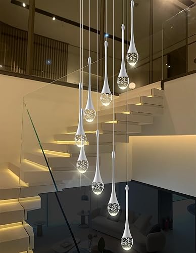 Candelabros de escalera plateados, 9 luces, lámpara colgante de gota de lluvia de burbujas de cristal, 100 pulgadas, techo alto, lámparas de