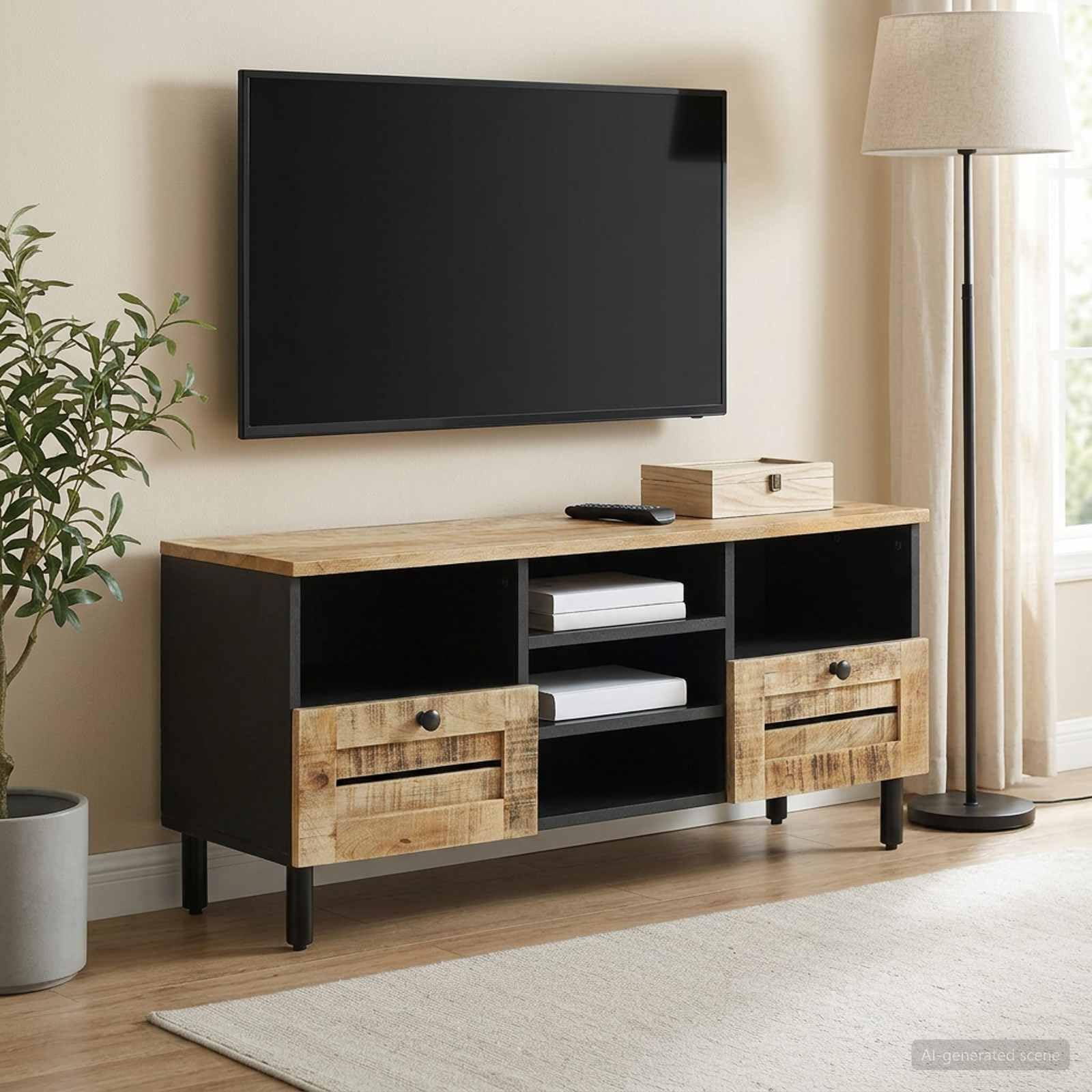 Mueble de almacenamiento de madera, mango macizo, 100 x 33 x 46 cm, natural
